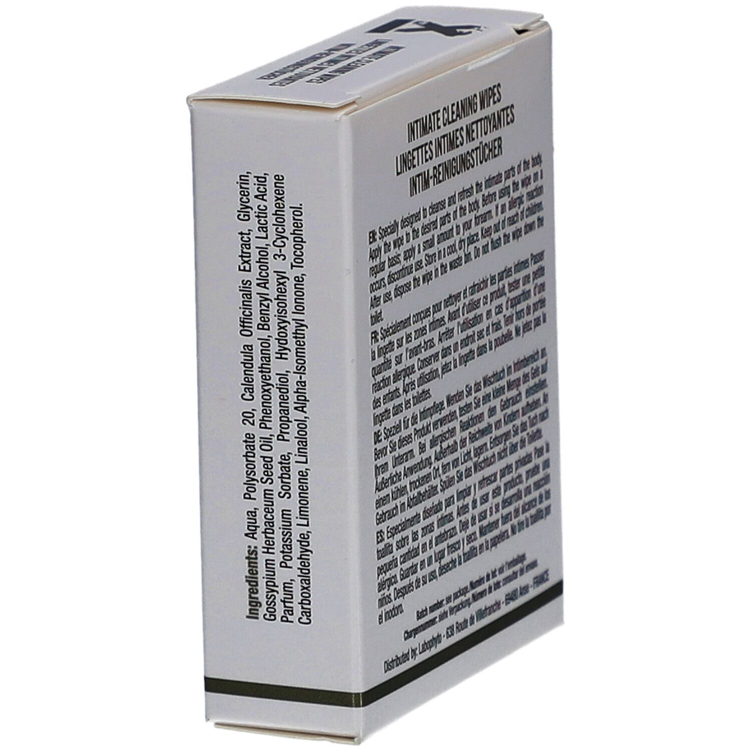 Boîte blanche avec liste d'ingrédients et texte multilingue. Vue latérale.