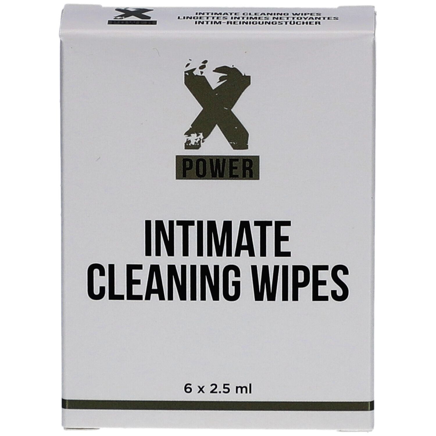 Boîte blanche avec logo "X POWER" et texte "INTIMATE CLEANING WIPES". Contient 6 lingettes.