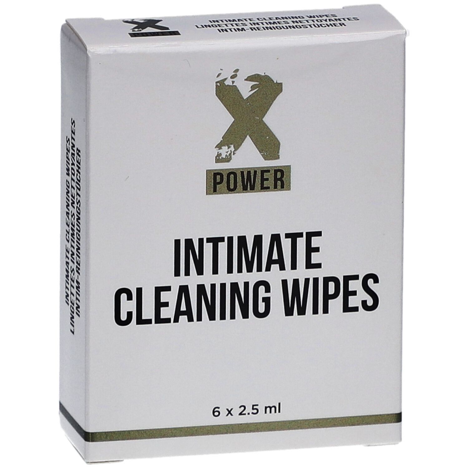 Boîte blanche avec logo "X POWER" et texte "INTIMATE CLEANING WIPES". Contient 6 lingettes.