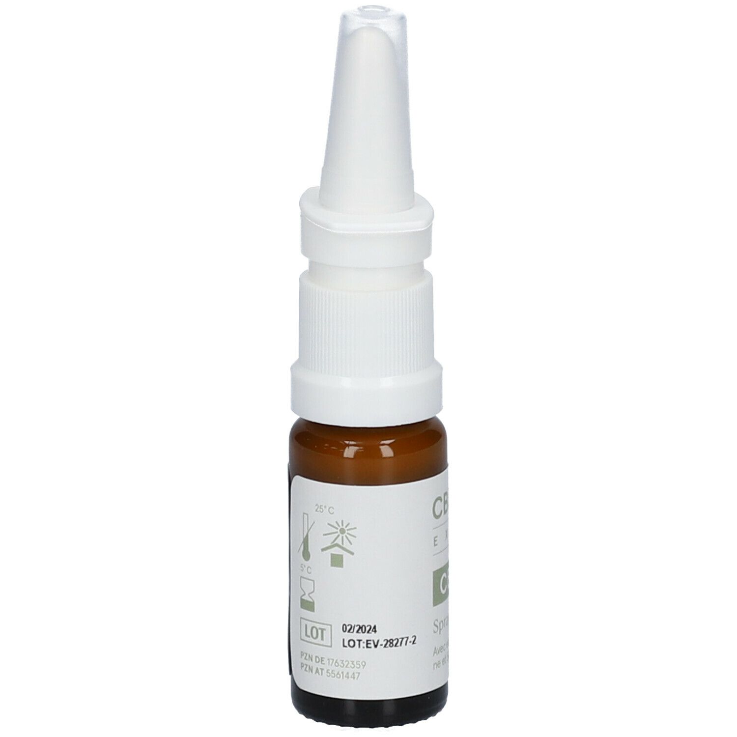 Flacon en verre brun avec pulvérisateur blanc. Inscription: CBD Spray nasal. Étiquette avec informations.