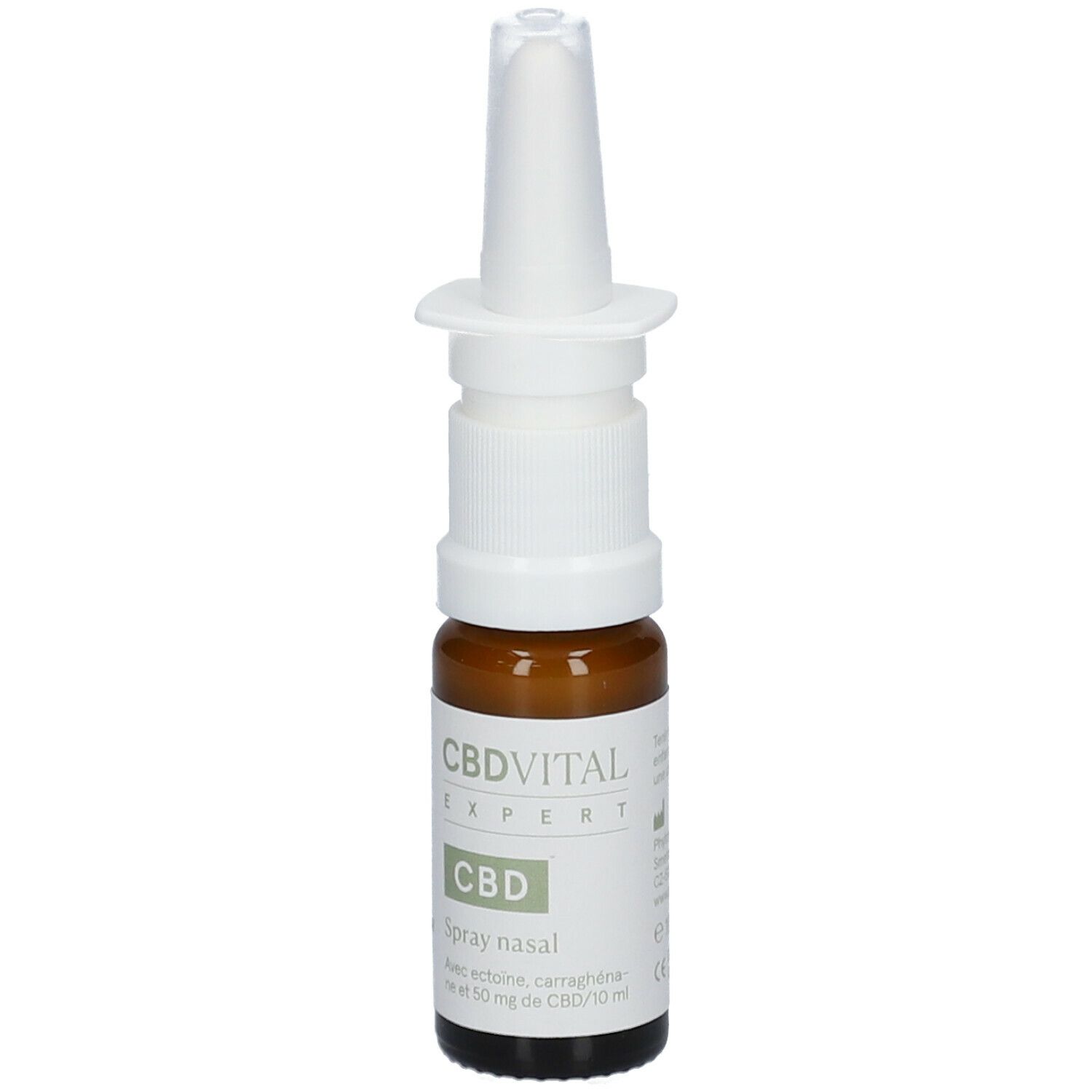 Flacon en verre brun avec pulvérisateur blanc. Inscription: CBD VITAL EXPERT CBD Spray nasal.