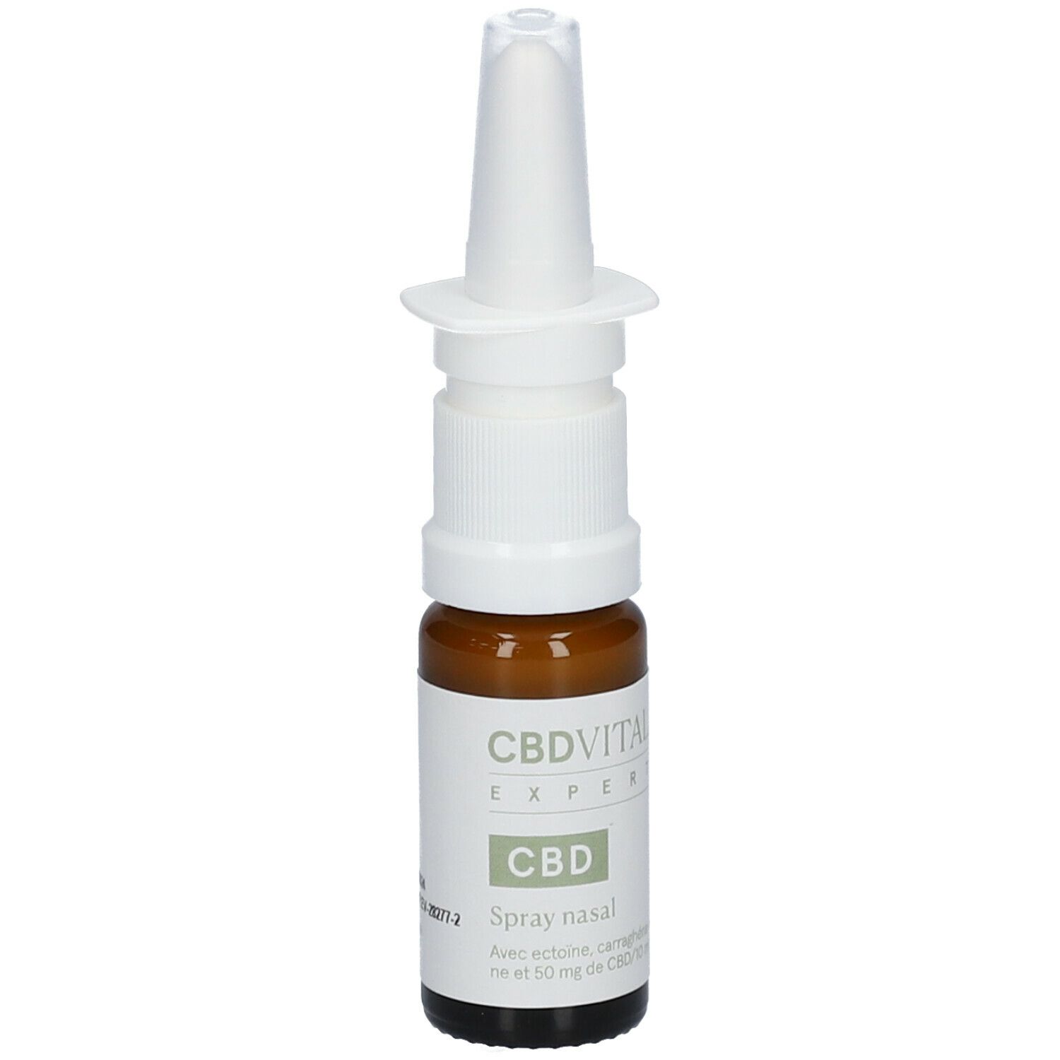Flacon en verre brun avec pulvérisateur blanc. Inscription: CBD VITAL EXPERT CBD Spray nasal.