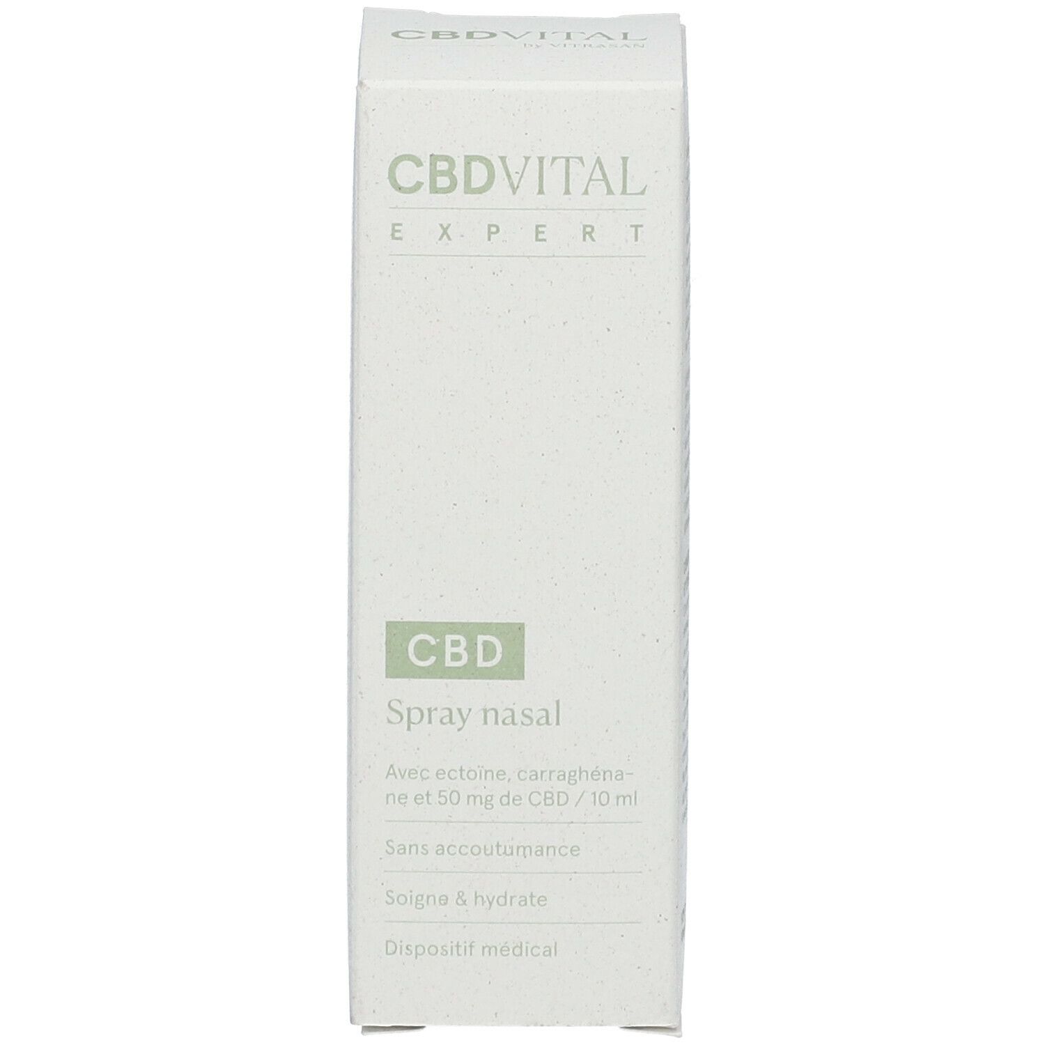 Emballage blanc du produit. Inscription: CBD VITAL EXPERT CBD Spray nasal. Accents verts.