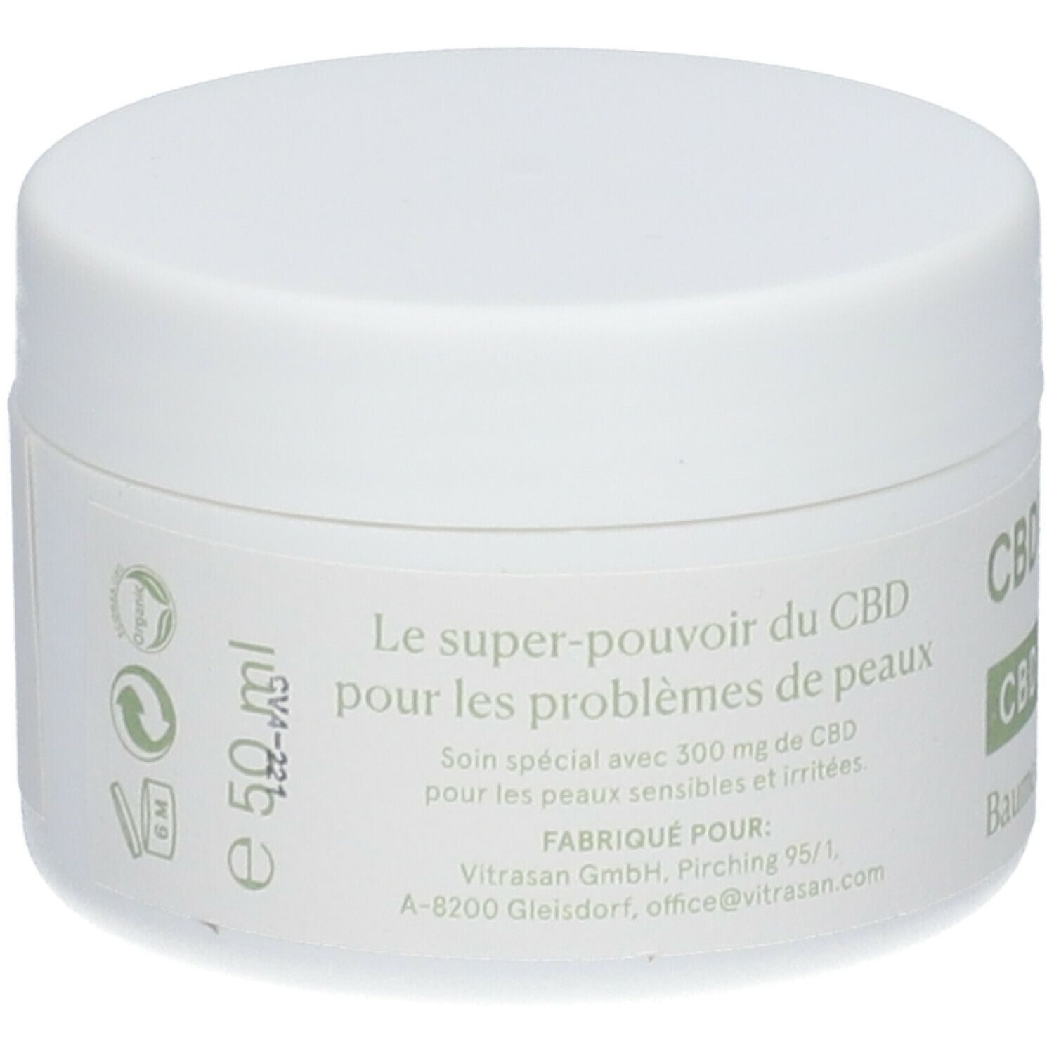Weißer Tiegel mit Text auf Etikett. Aufschrift: Le super-pouvoir du CBD pour les problèmes de peaux. 50 ml.