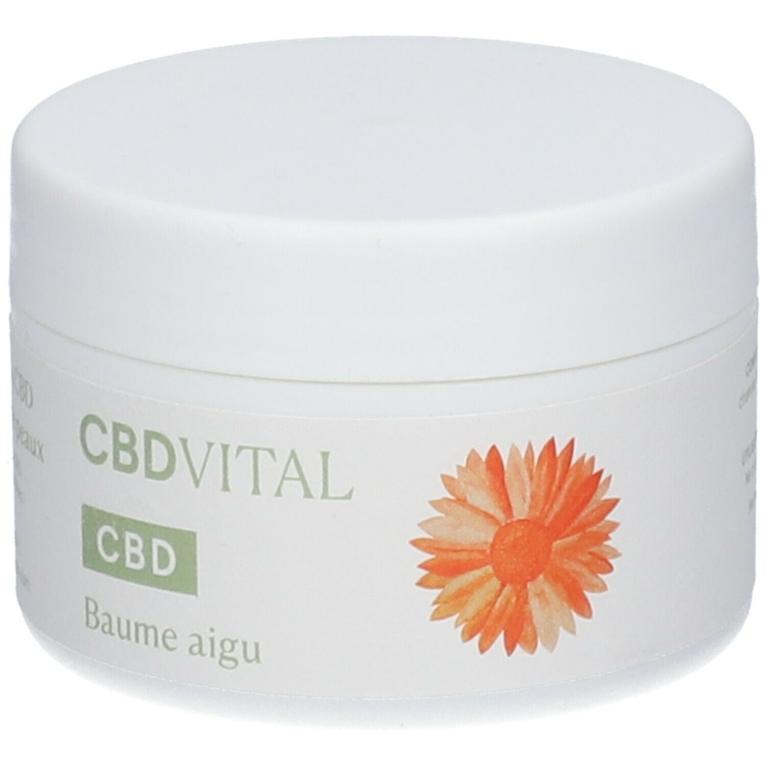 Weißer Tiegel mit Aufschrift CBDVITAL, CBD und Baume aigu. Orangefarbene Blüte. Deckel. Etikett mit Text.