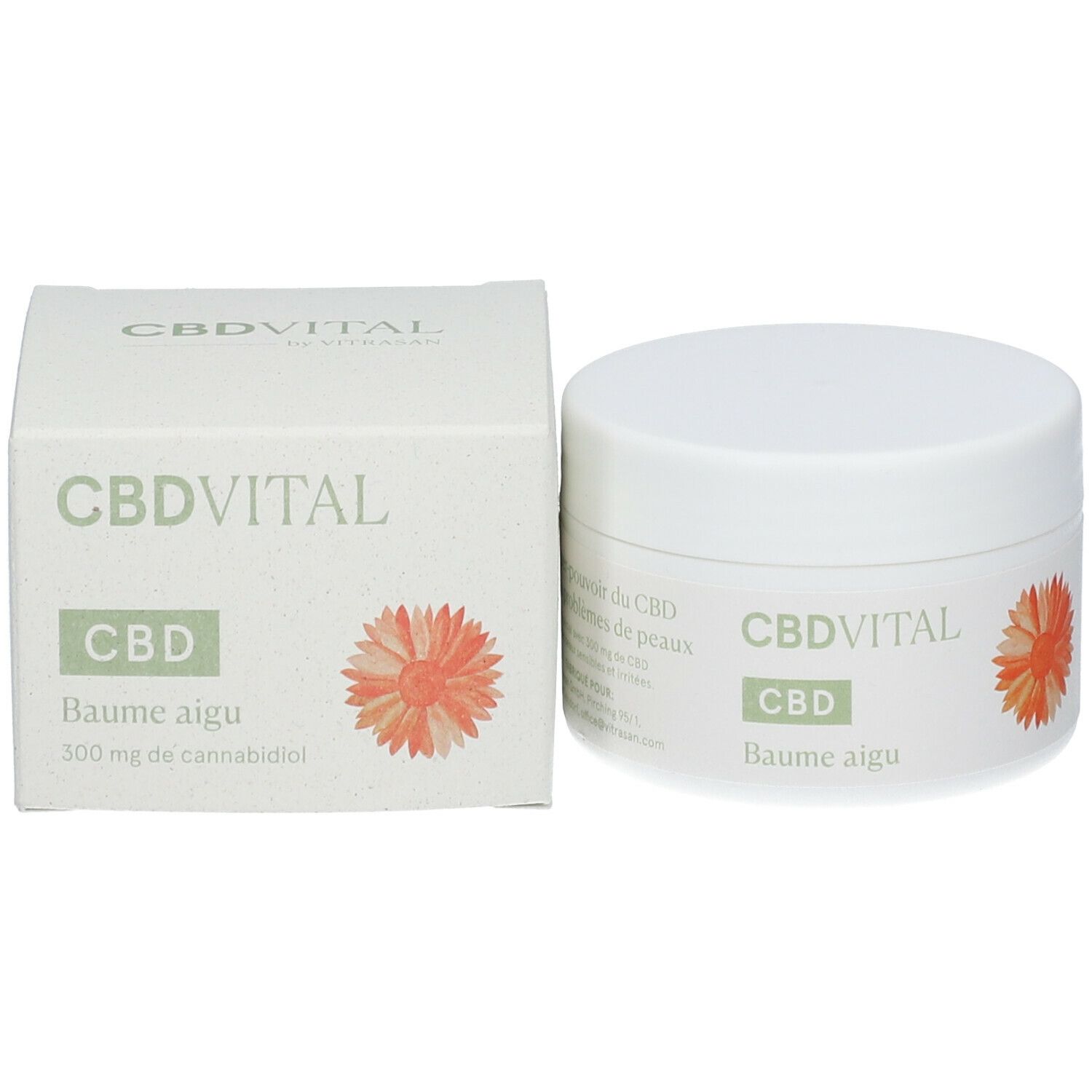 Weißer Tiegel und Schachtel. Aufschrift CBDVITAL, CBD und Baume aigu. Orangefarbene Blüte. 300 mg Cannabidiol.