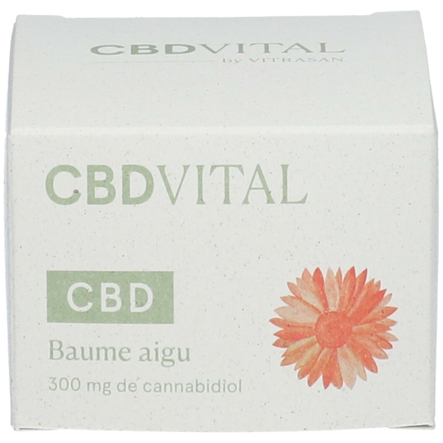 Weiße Schachtel mit Aufschrift CBDVITAL, CBD und Baume aigu. Orangefarbene Blüte. 300 mg Cannabidiol.