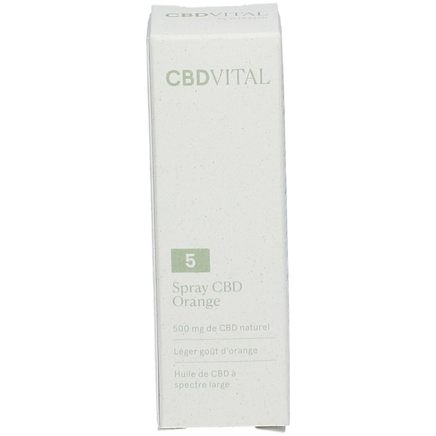 Weiße Verpackung mit CBDVITAL, 5, Spray CBD Orange. Text und Logo auf der Verpackung.