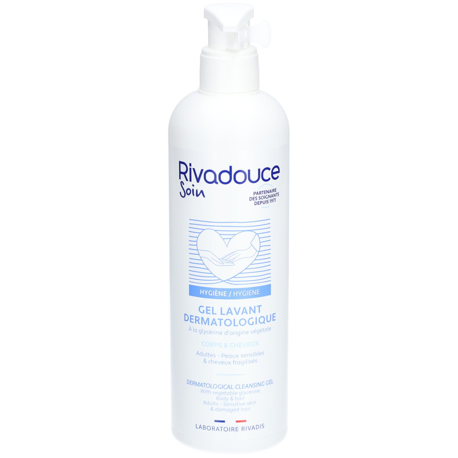 Flacon blanc avec pompe doseuse. Inscription: Rivadouche Soin, Gel Lavant Dermatologique. Symbole de cœur.