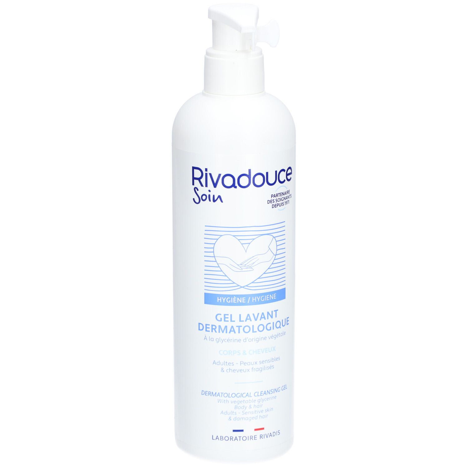 Flacon blanc avec pompe doseuse. Inscription: Rivadouche Soin, Gel Lavant Dermatologique. Symbole de cœur.