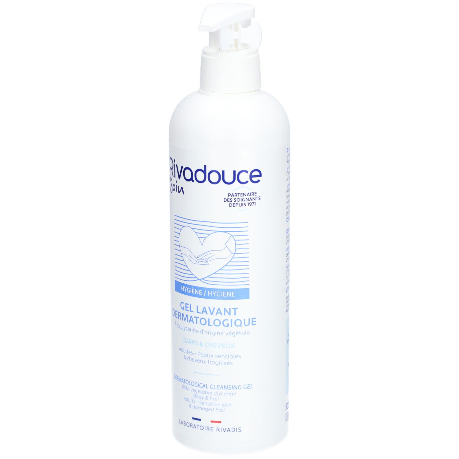 Flacon blanc avec pompe doseuse. Inscription: Rivadouche Soin, Gel Lavant Dermatologique. Symbole de cœur.