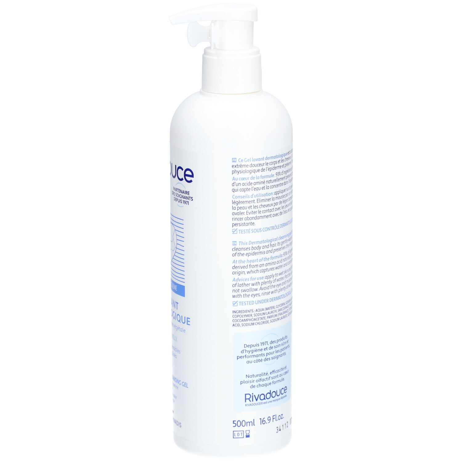 Flacon blanc avec pompe doseuse. Texte sur le côté. Volume: 500ml.