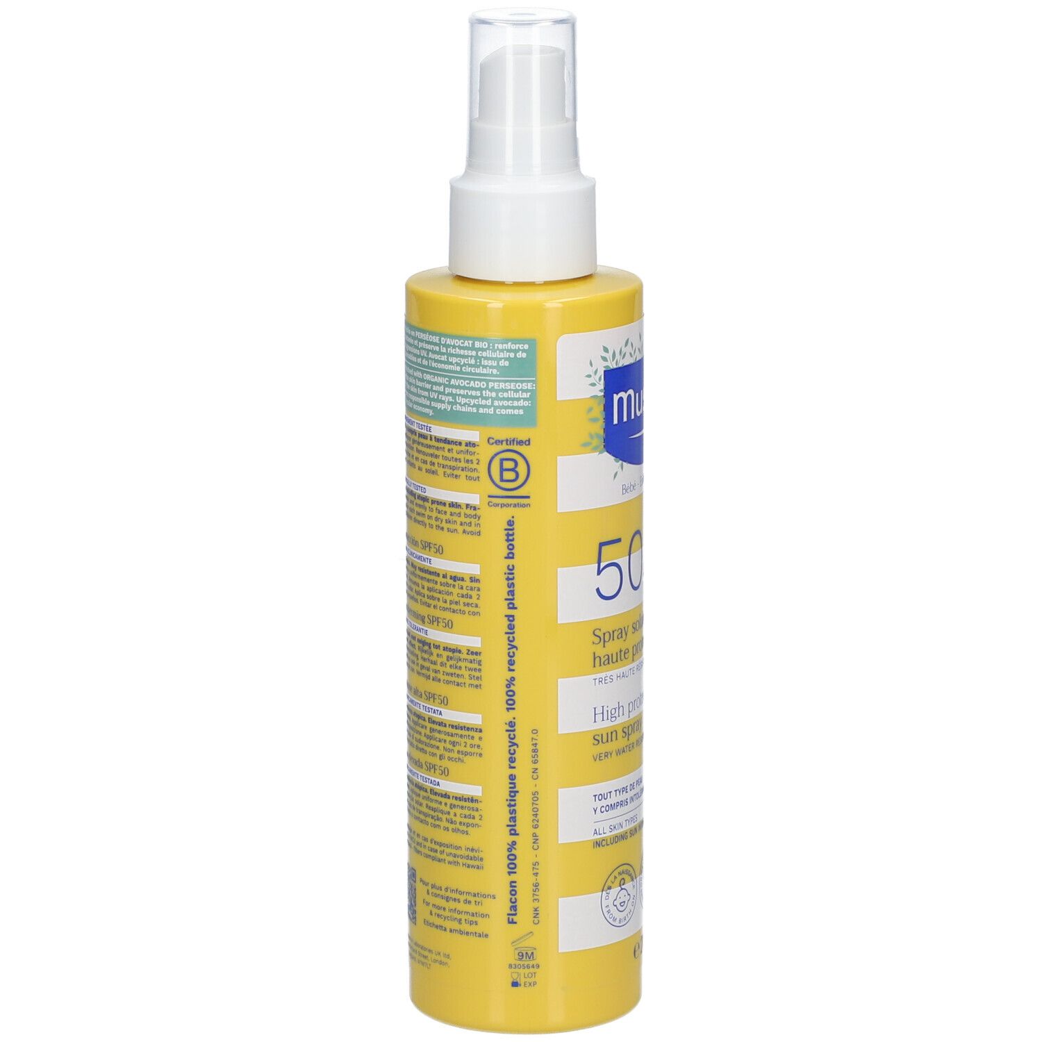 Dos du flacon spray jaune. Texte: Flacon en plastique 100% recyclé. Informations sur les ingrédients et certifications.