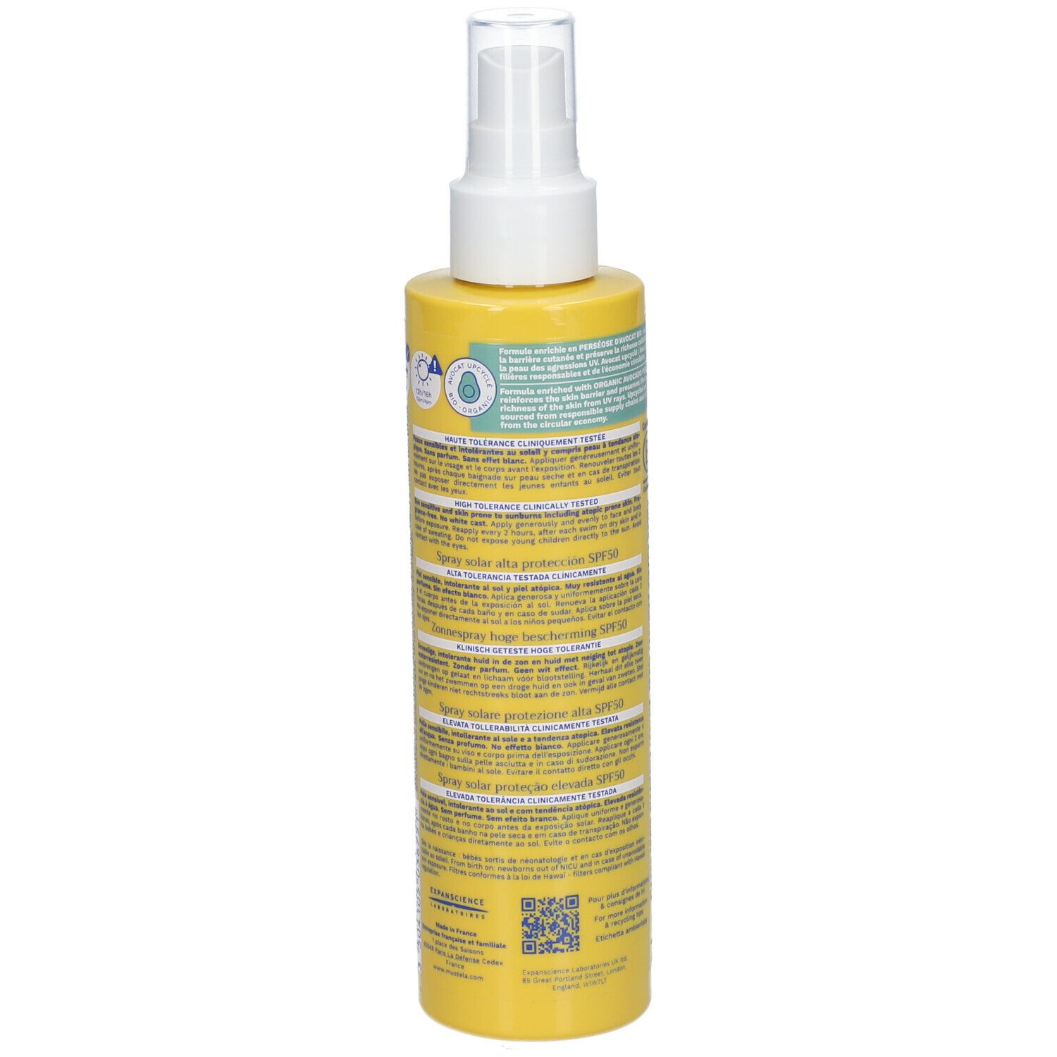 Dos du flacon spray jaune. Texte multilingue: protection solaire, SPF 50, tous types de peau, résistant à l'eau.