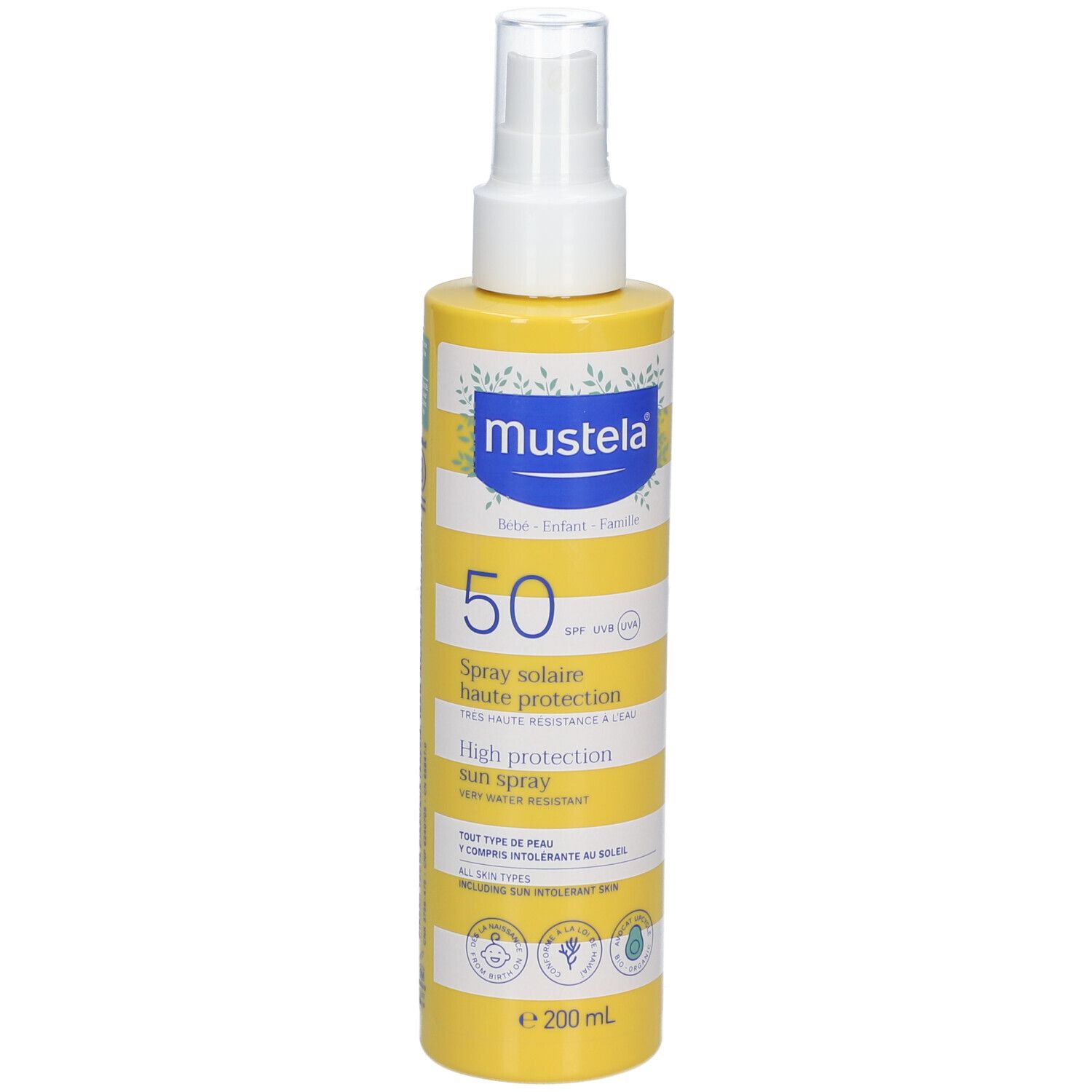 Flacon spray jaune avec tête blanche. Inscription: mustela, 50 SPF, Spray solaire. Résistant à l'eau.