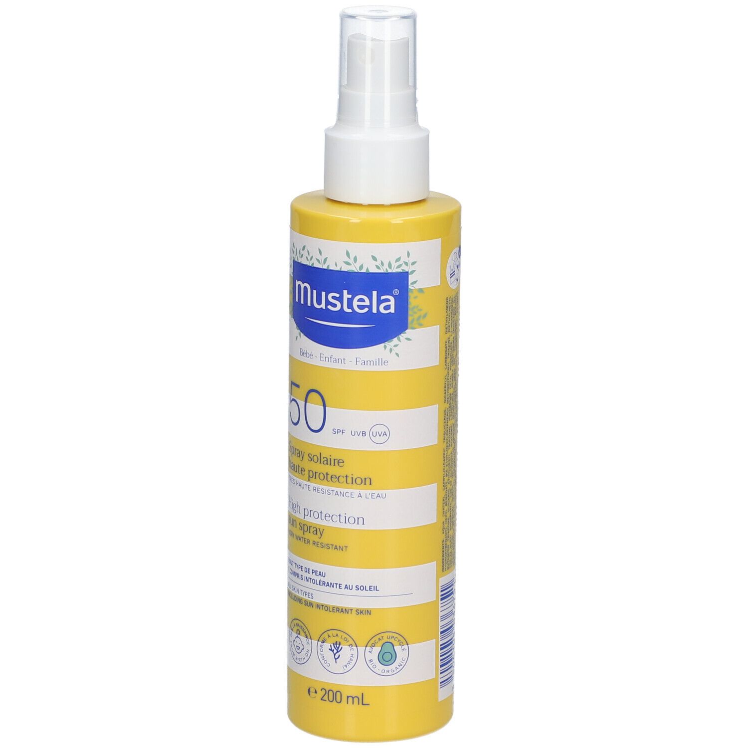 Flacon spray jaune avec tête blanche. Inscription: mustela, 50 SPF, Spray solaire. Résistant à l'eau.