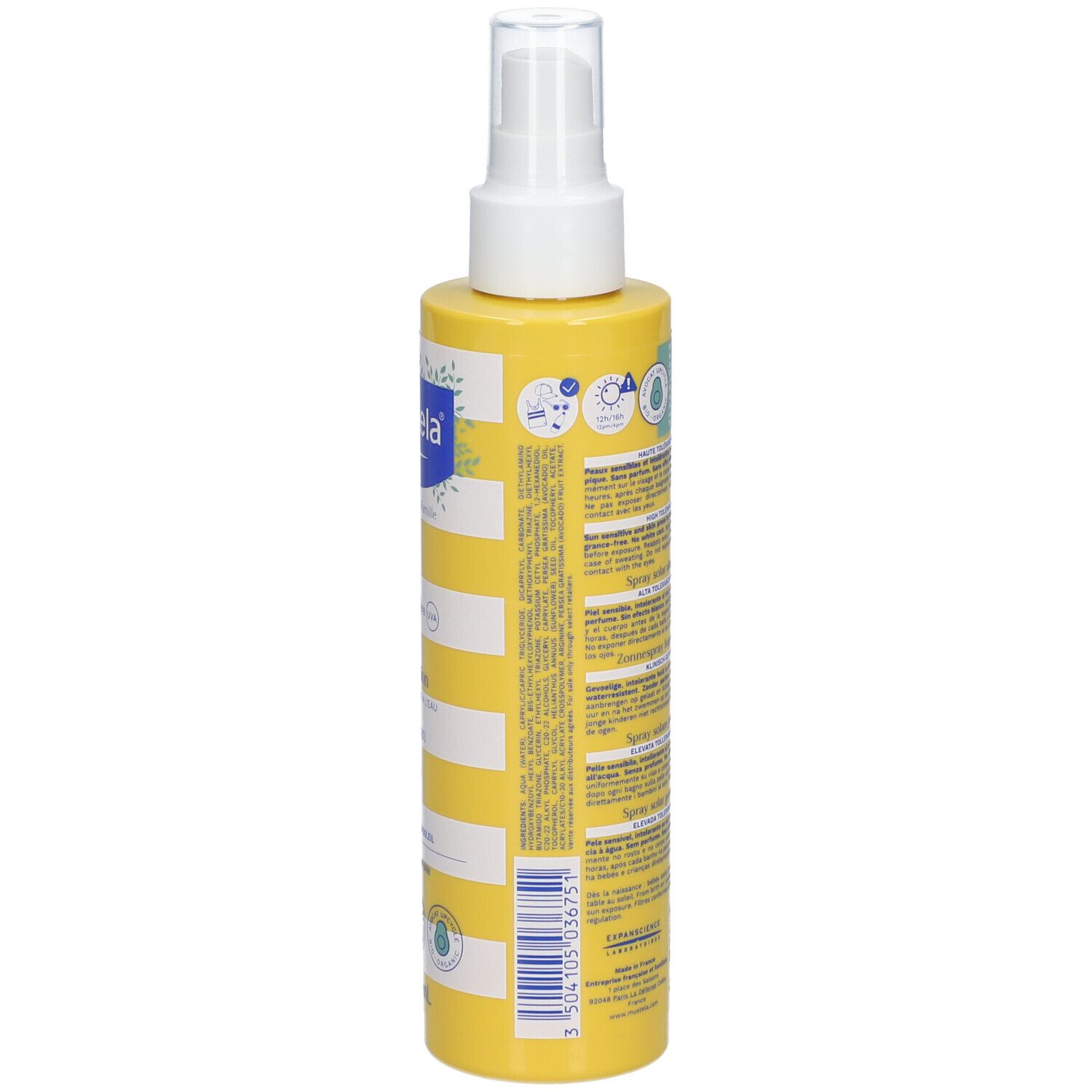 Dos du flacon spray jaune. Texte: ingrédients, instructions d'utilisation, certifications, code QR.