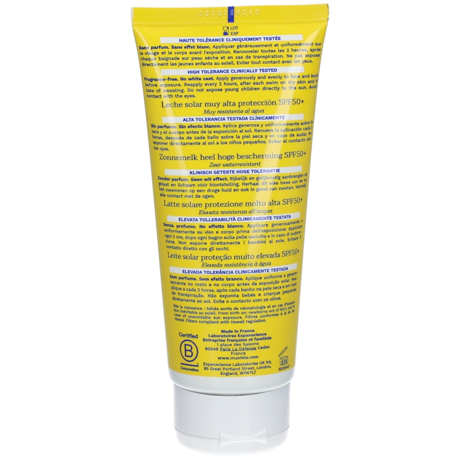 Rückseite der Sonnenmilch-Tube. Text in mehreren Sprachen. Hauptsächlich gelb mit weißen und blauen Elementen.