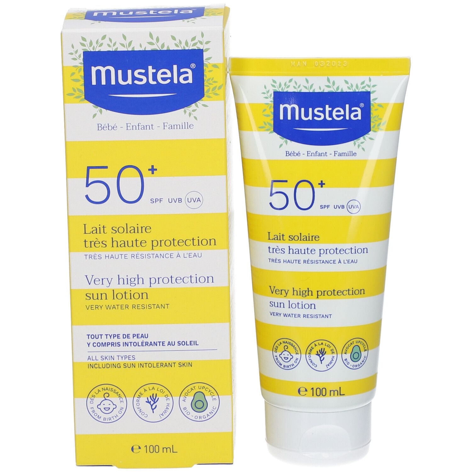 Sonnenmilch-Tube und Schachtel. Gelb-weiß gestreift. Aufschrift: Mustela, 50+, Lait solaire, sehr hoher Schutz. Schachtel daneben.