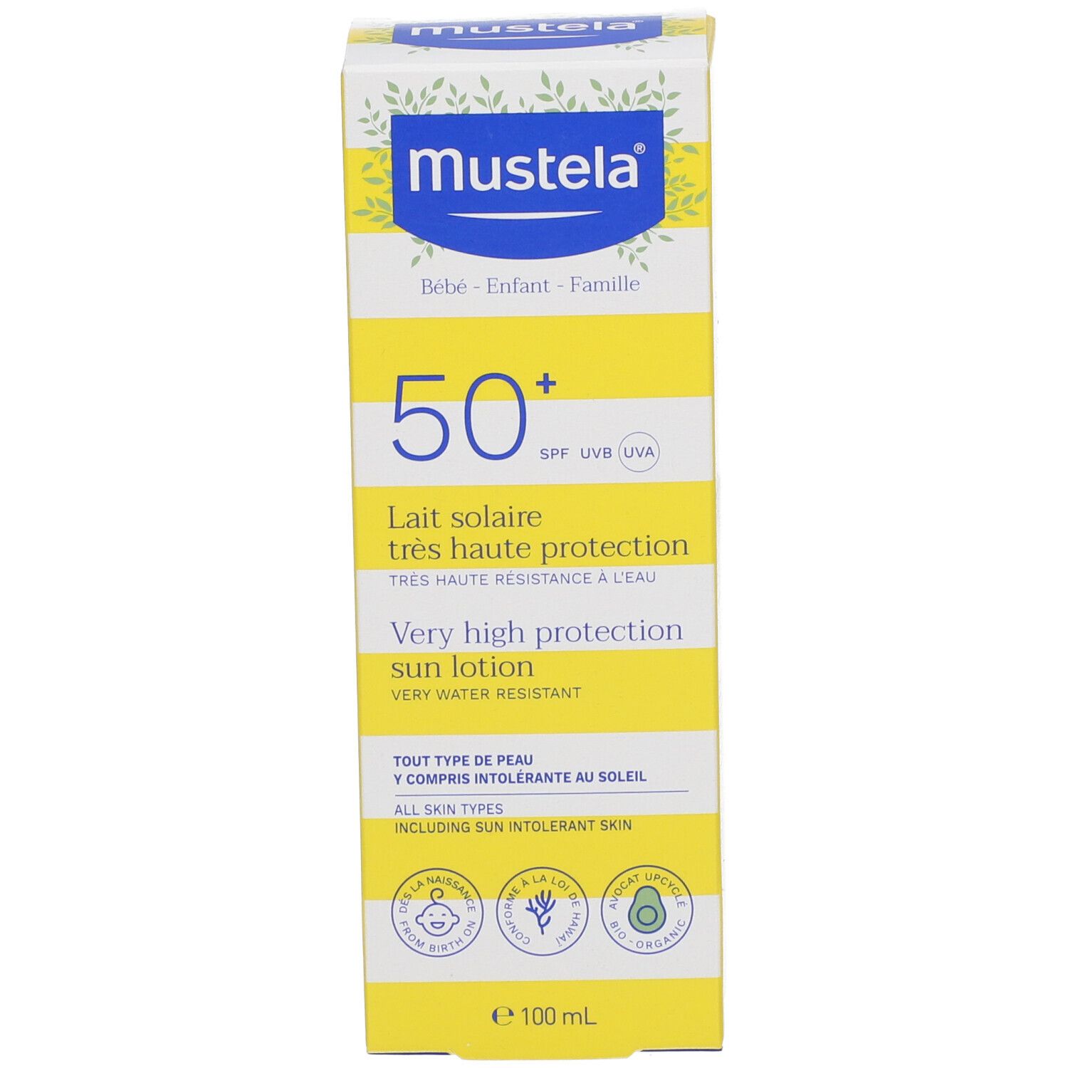 Gelbe Schachtel mit Sonnenmilch. Aufschrift: Mustela, 50+, Lait solaire, sehr hoher Schutz. Gelb-weiß gestreift.