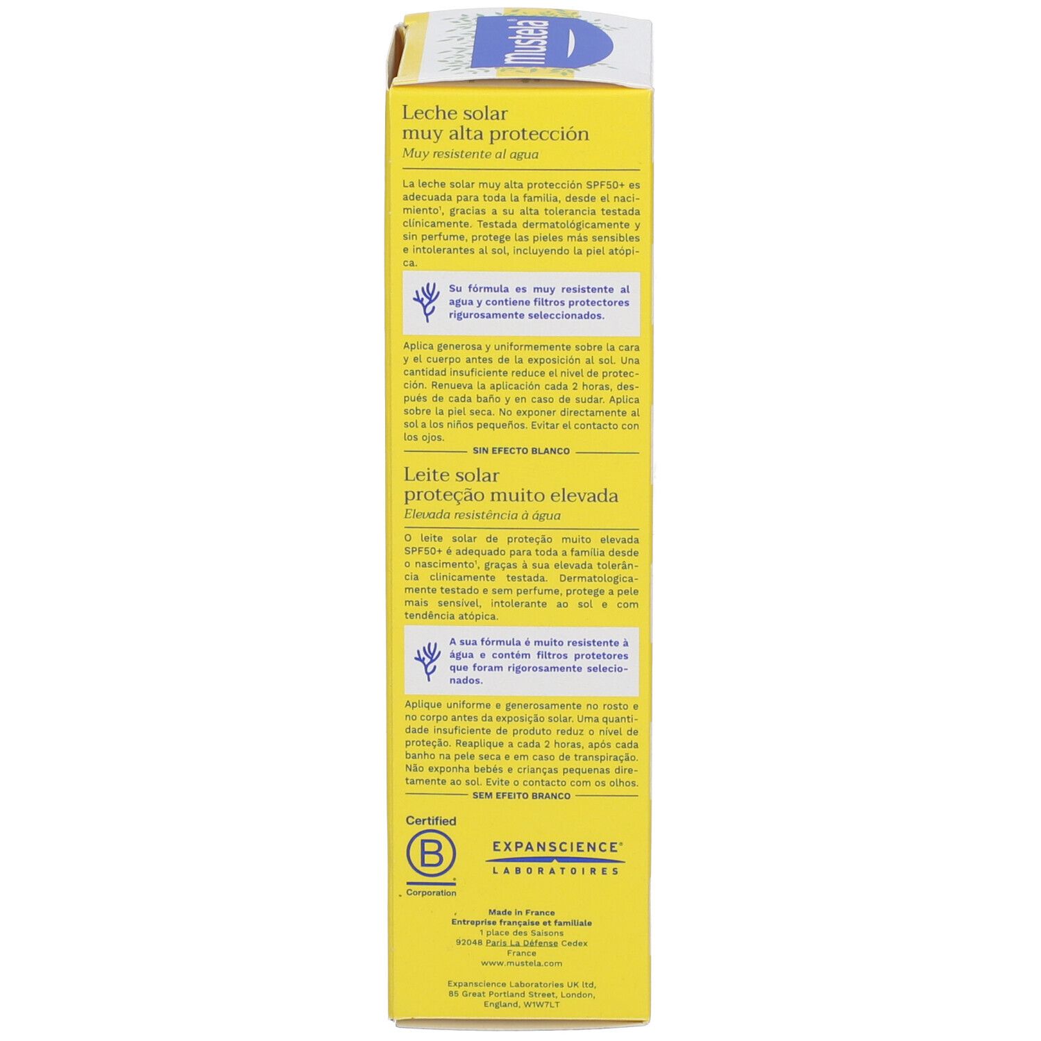 Rückseite der Sonnenmilch-Schachtel. Text in mehreren Sprachen. Hauptsächlich gelb mit weißen und blauen Elementen.