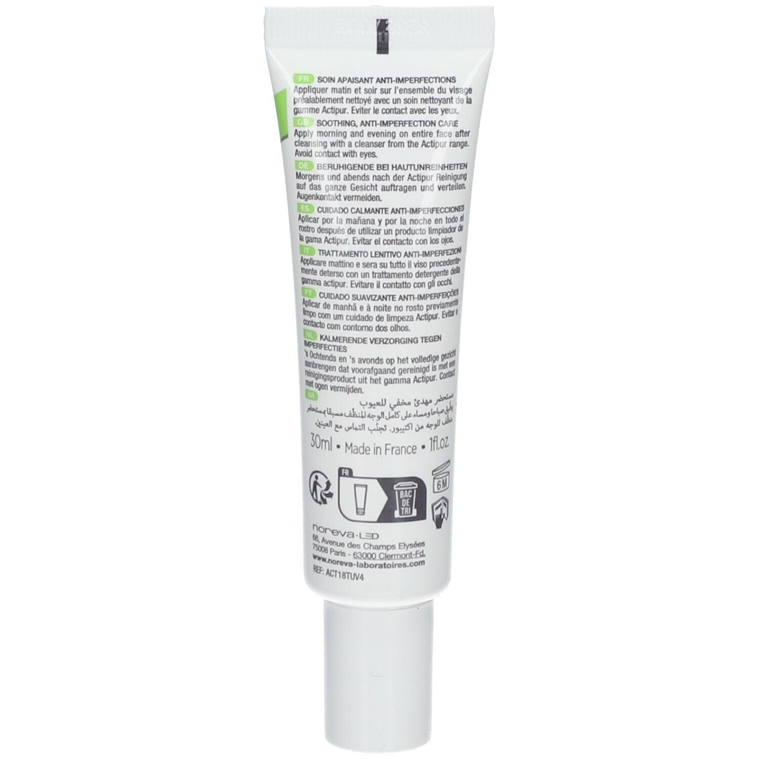 Dos du tube de crème. Nom du produit et ingrédients. Marque noreva. Texte multilingue.
