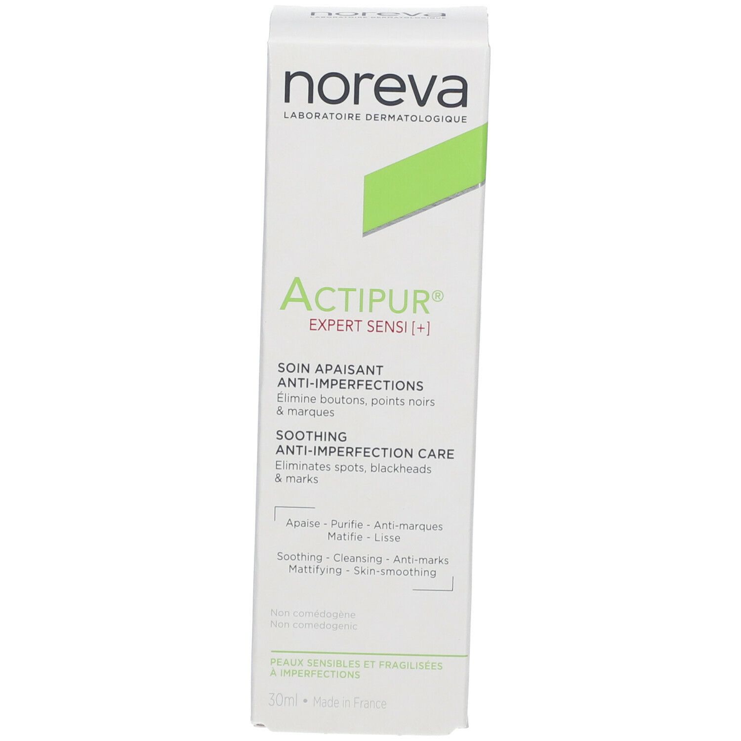Emballage du produit. Marque noreva. ACTIPUR® Expert Sensi [+]. Texte et logo visibles.
