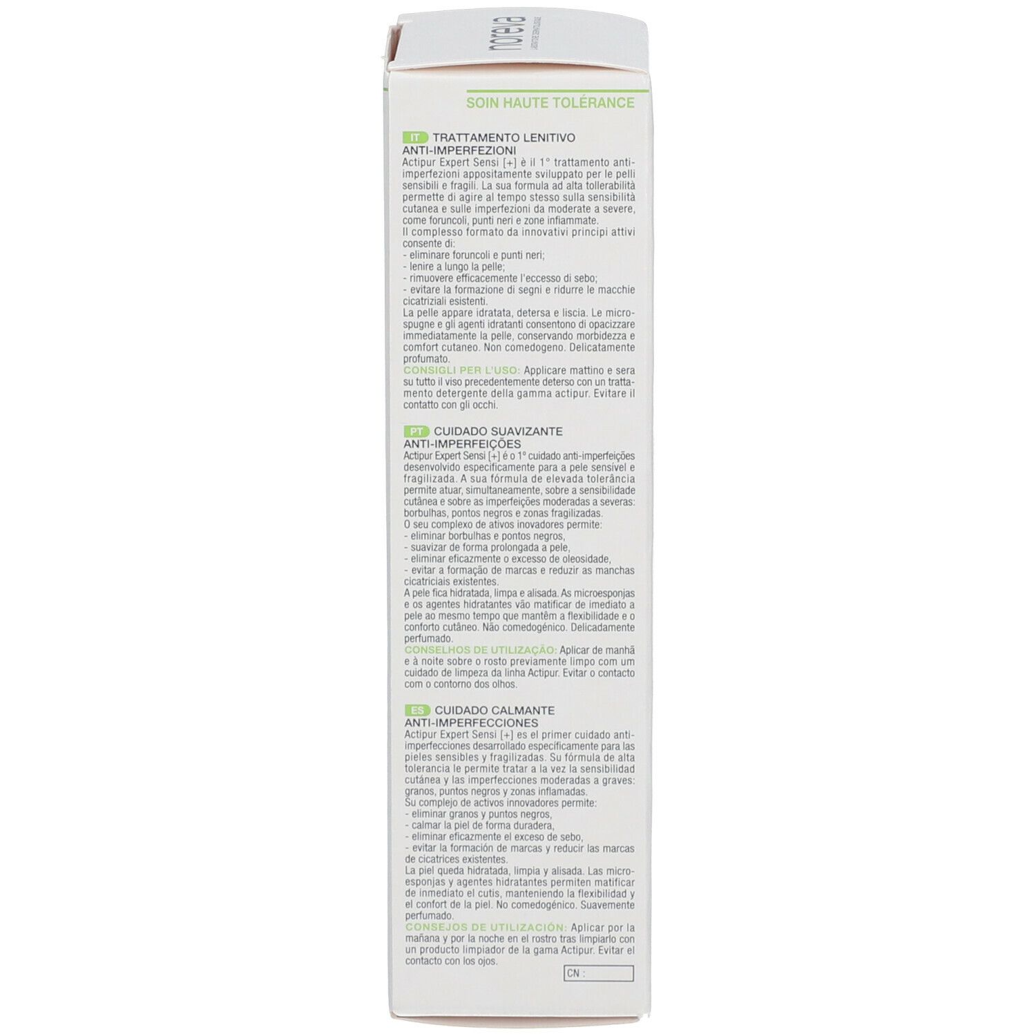 Dos de l'emballage. Texte multilingue. Marque noreva. ACTIPUR® Expert Sensi [+].