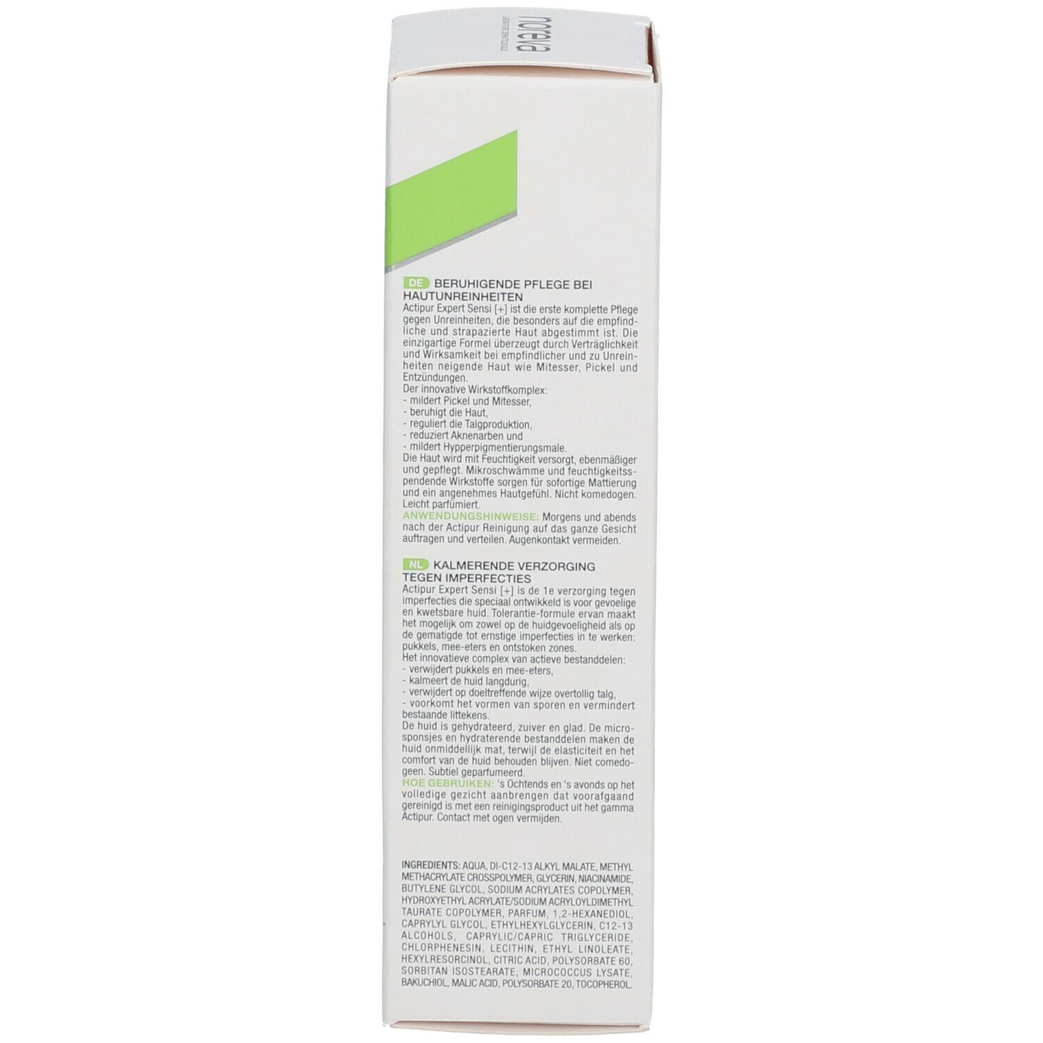 Côté de l'emballage. Texte multilingue. Marque noreva. ACTIPUR® Expert Sensi [+].