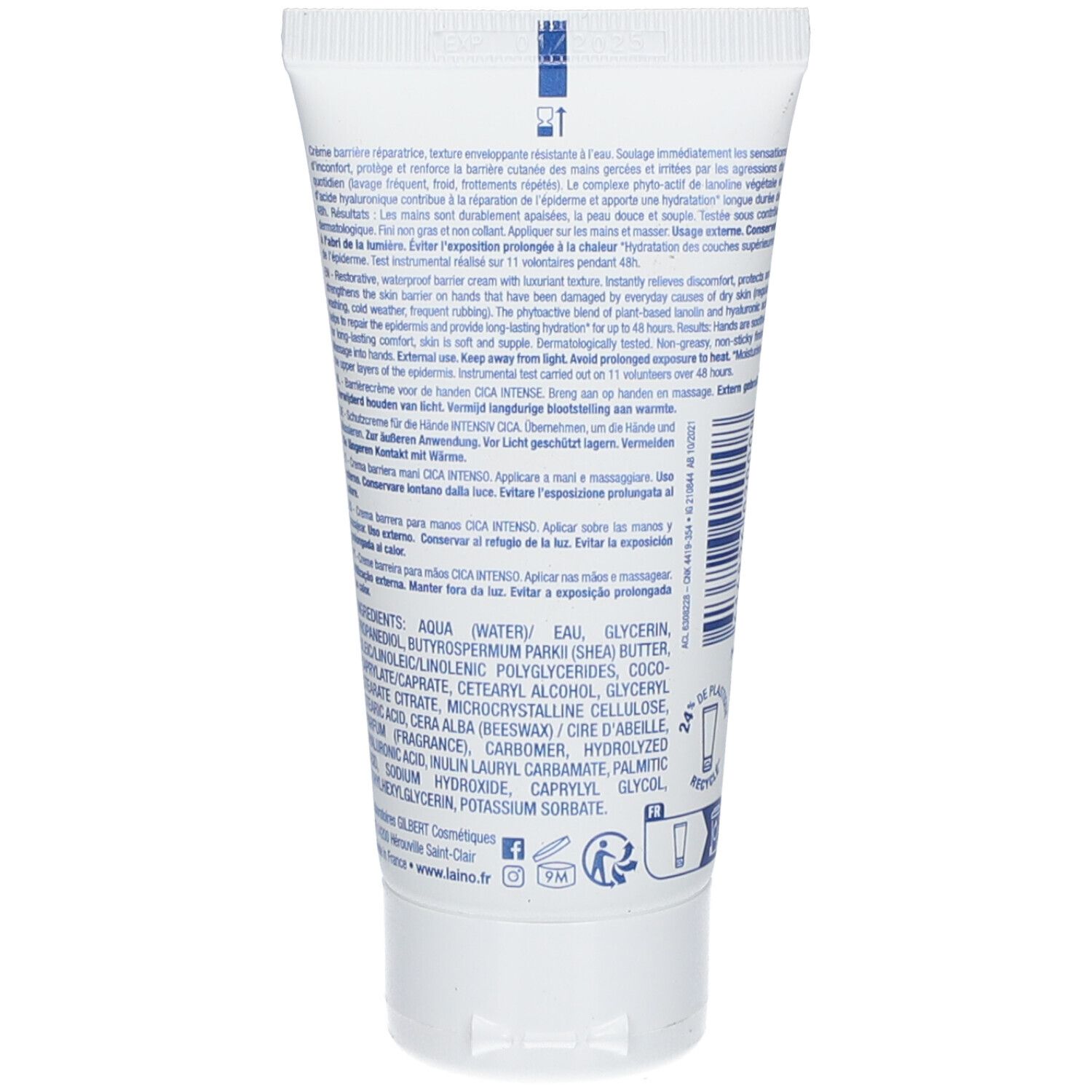 Tube blanc avec texte. Inscription : Cica Intense. Ingrédients et logos visibles.