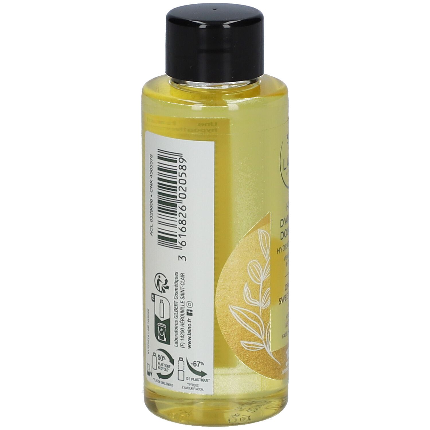Rückseite der Flasche mit Etikett. Text mit Inhaltsstoffen und Informationen. Barcode und Recycling-Symbole.