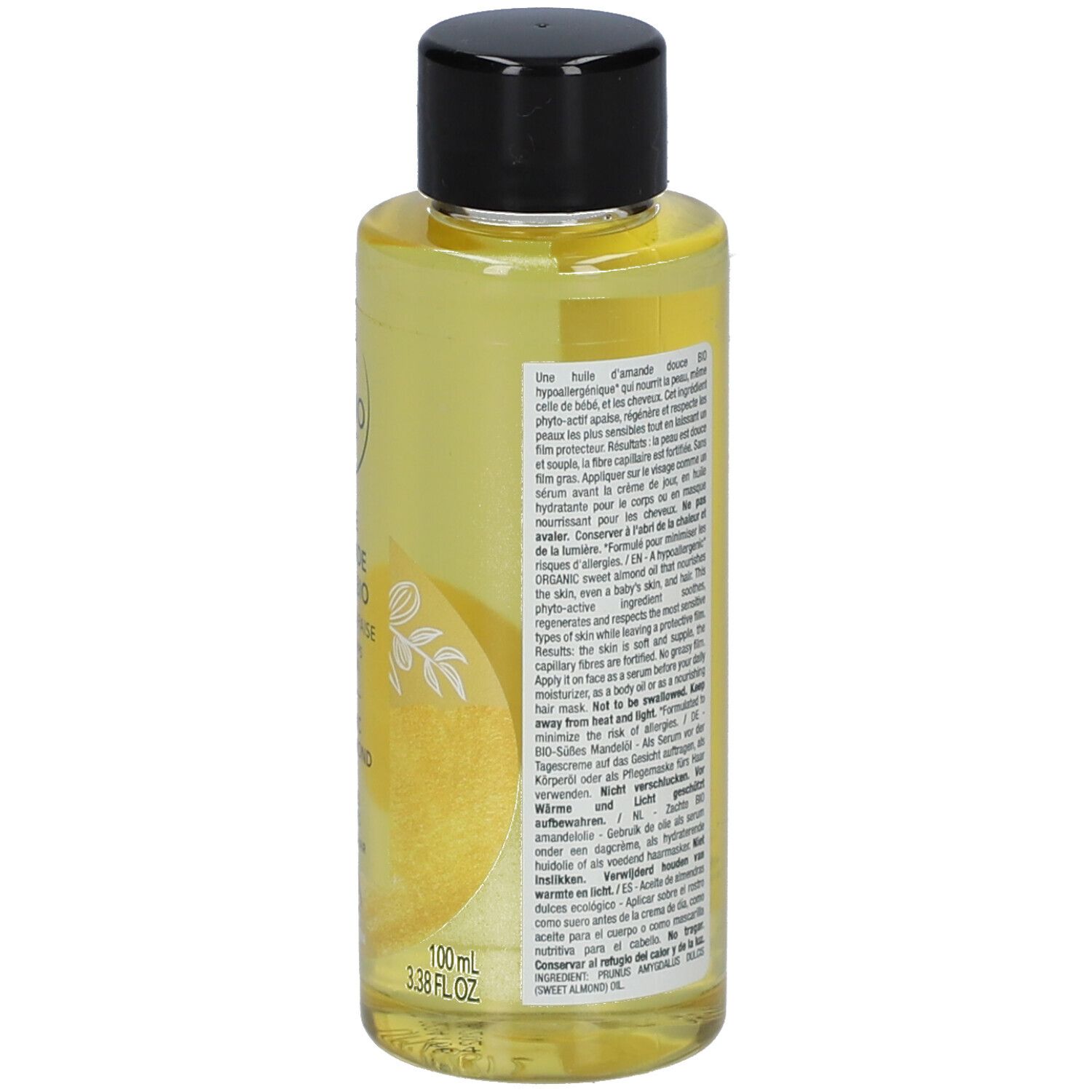 Rückseite der Flasche mit Text. Informationen zu Inhaltsstoffen und Anwendung. Recycling-Symbole und Volumenangabe.