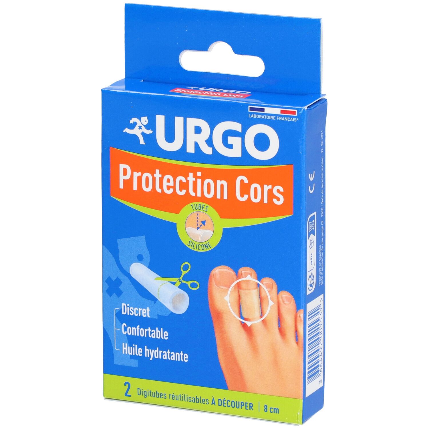 Boîte bleue et orange. URGO Protection Cors, 2 Digitubes. Visuel : pied avec orteil, produit appliqué. Inscription : 'Discret, Confortable'.
