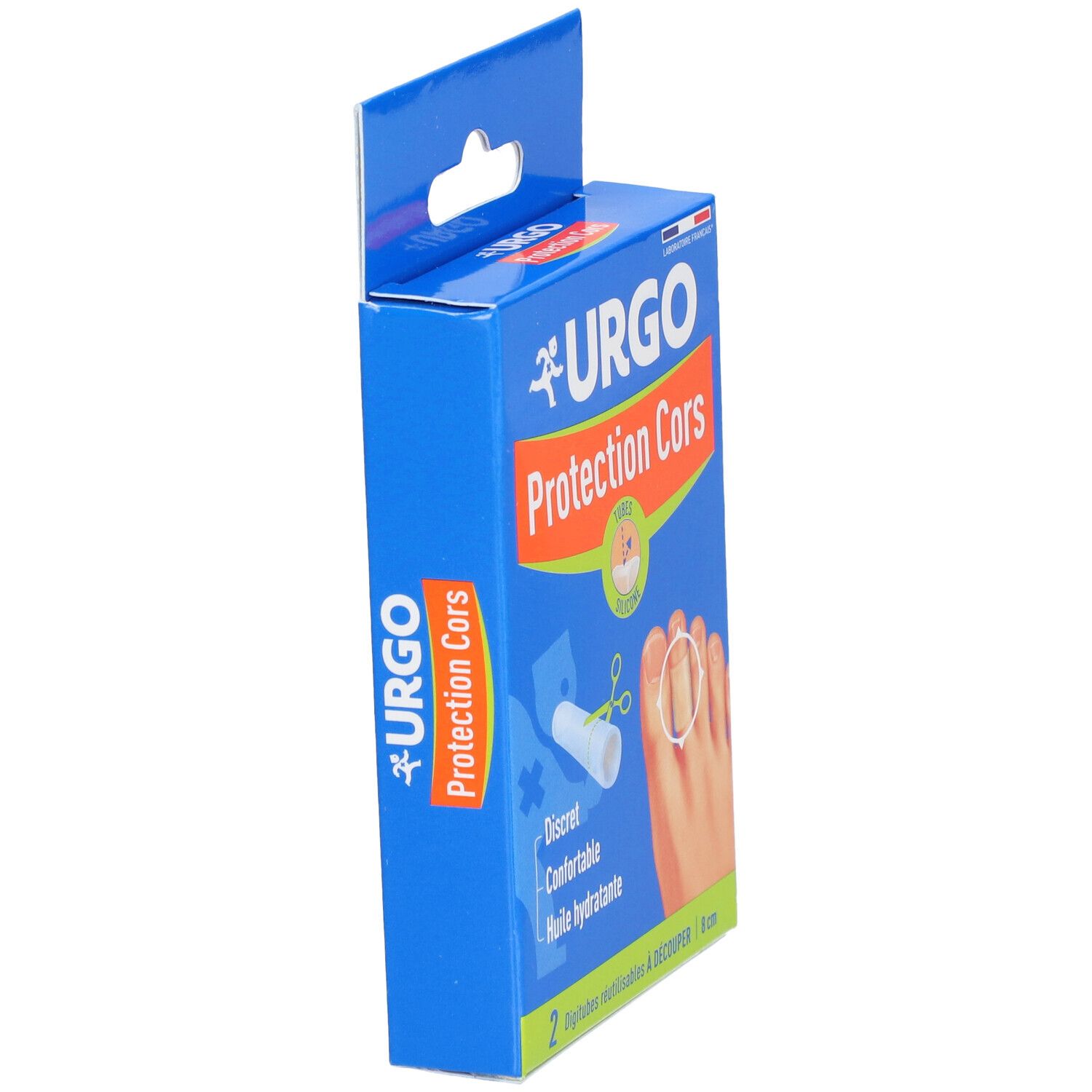 Vue latérale d'une boîte bleue. URGO Protection Cors. Image et texte. Visuel : pied avec orteil, produit appliqué. Inscription : 'Discret'.