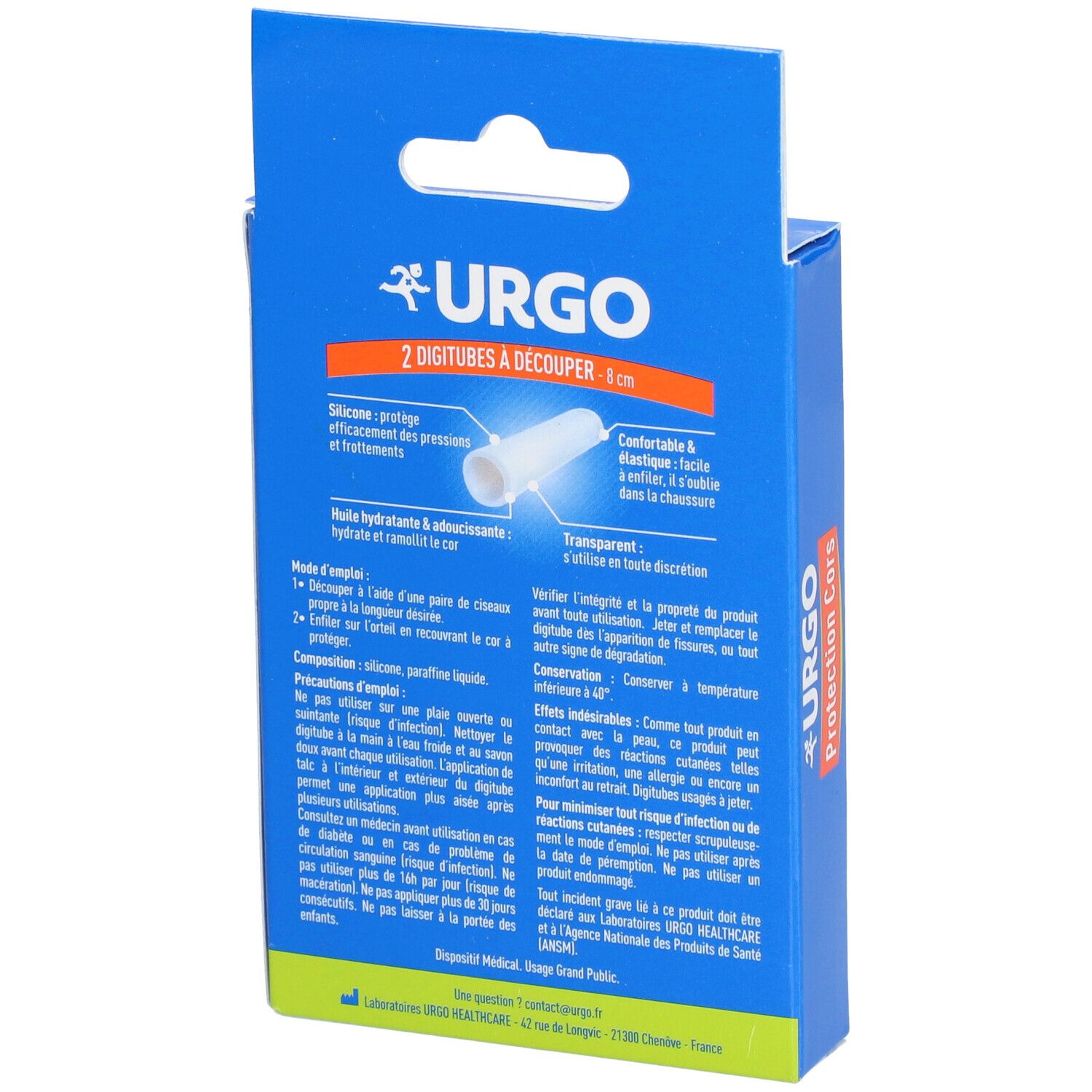 Dos de la boîte bleue. URGO Protection Cors. Texte et informations produit. Visuel : Digitubes, instructions d'utilisation.
