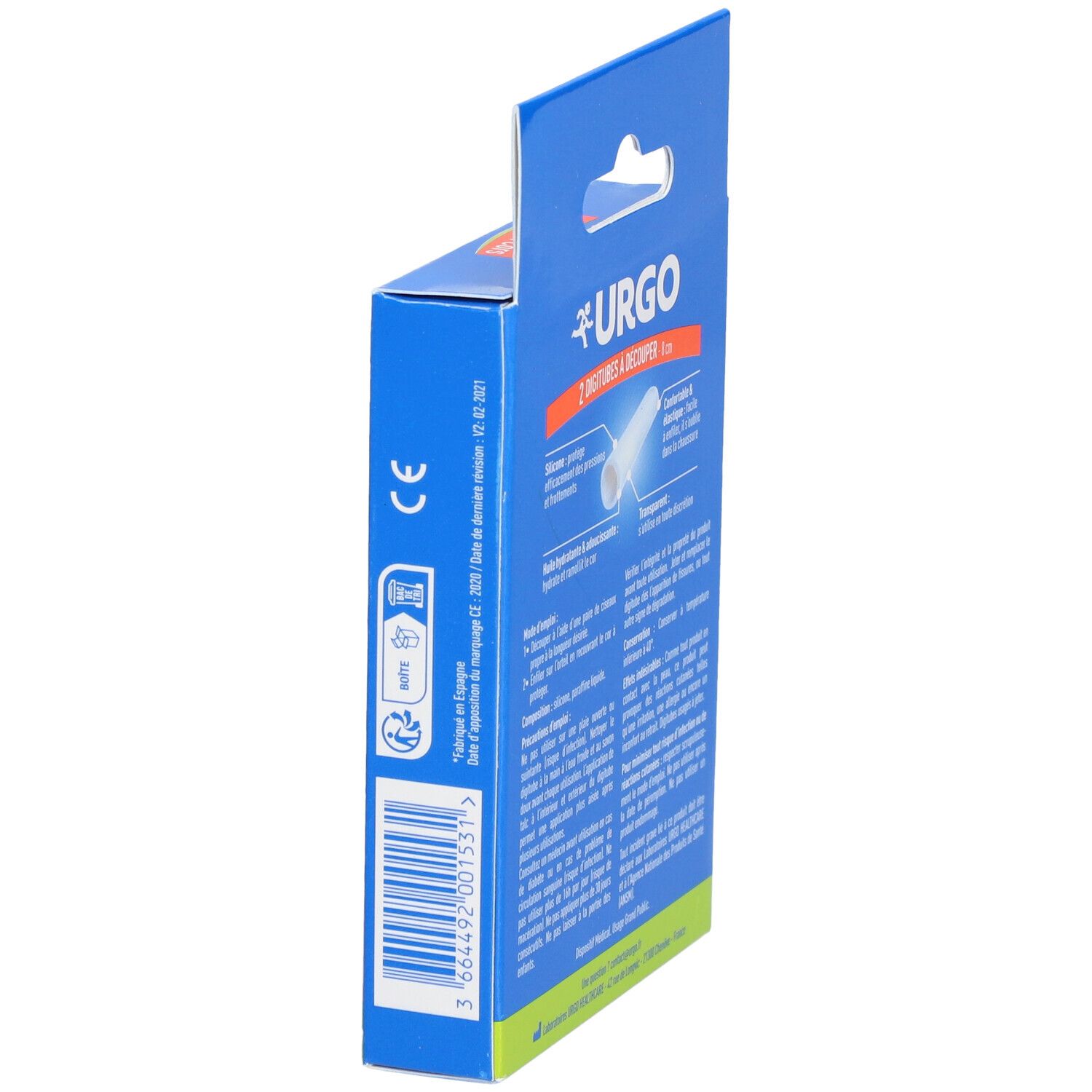 Vue latérale de la boîte bleue. URGO Protection Cors. Texte et logos. Visuel : marquage CE, symbole de recyclage.