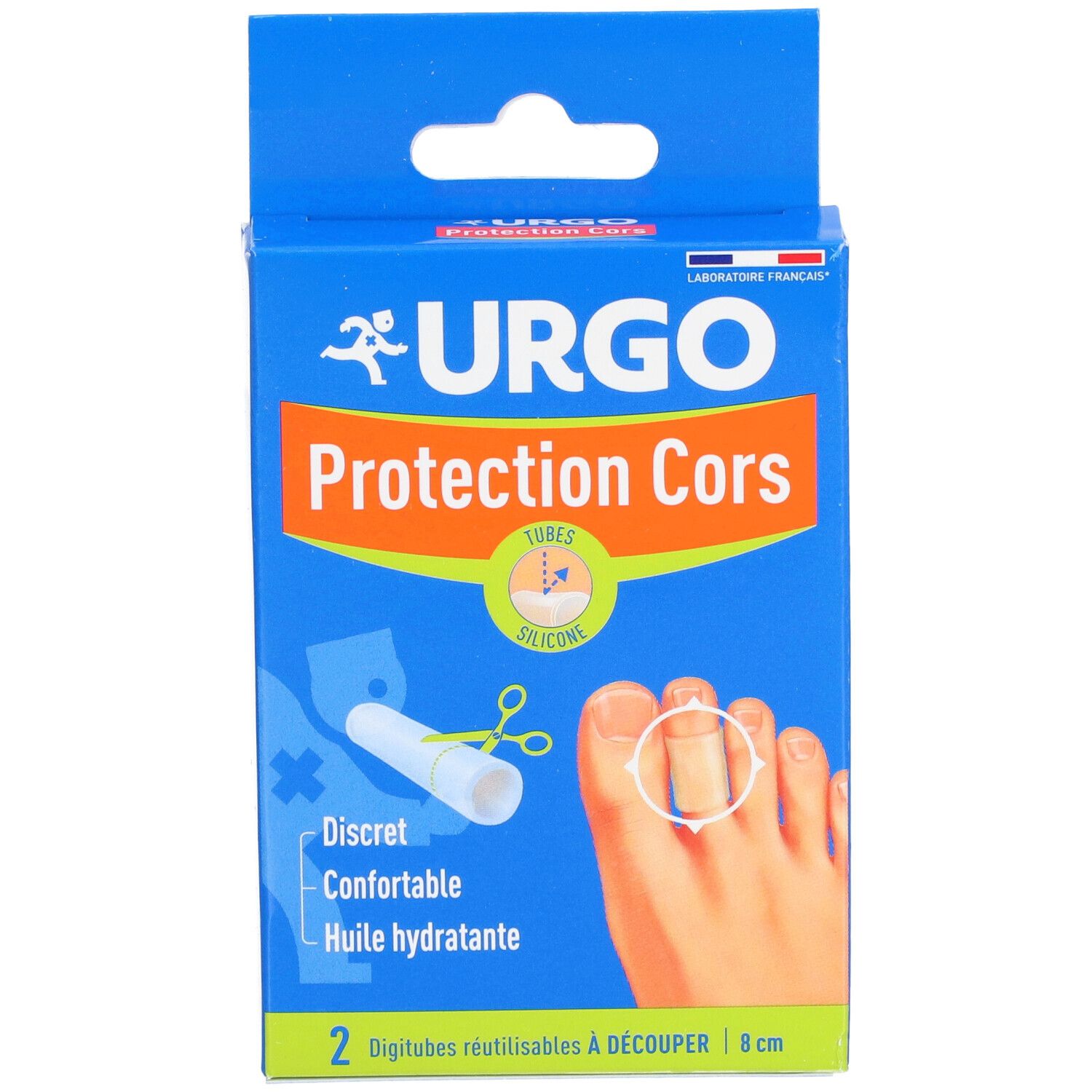 Boîte bleue avec visuel produit. URGO Protection Cors, 2 Digitubes. Visuel : pied avec orteil, produit appliqué. Bande orange.