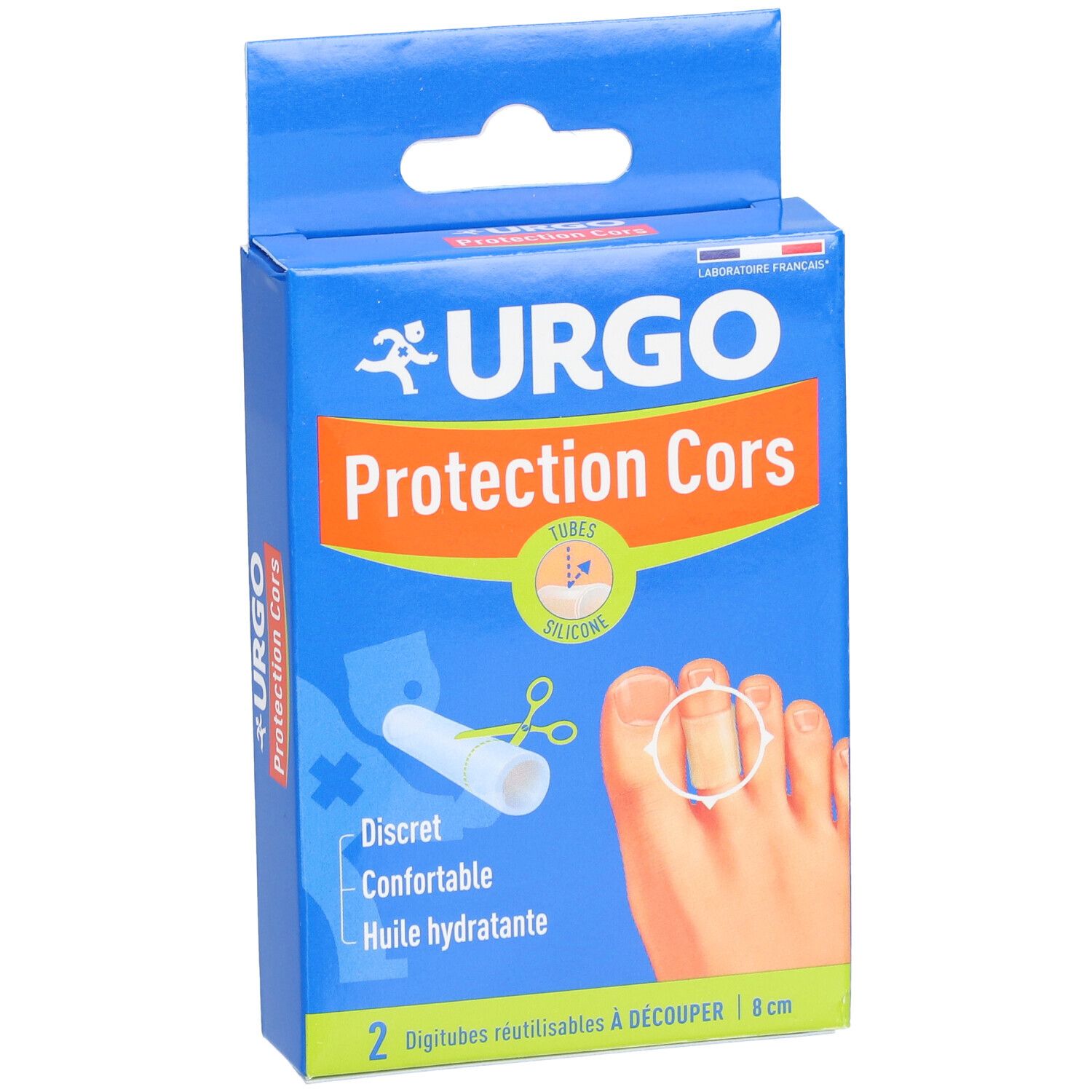 Boîte bleue avec visuel produit. URGO Protection Cors, 2 Digitubes. Visuel : pied avec orteil, produit appliqué. Drapeau français.