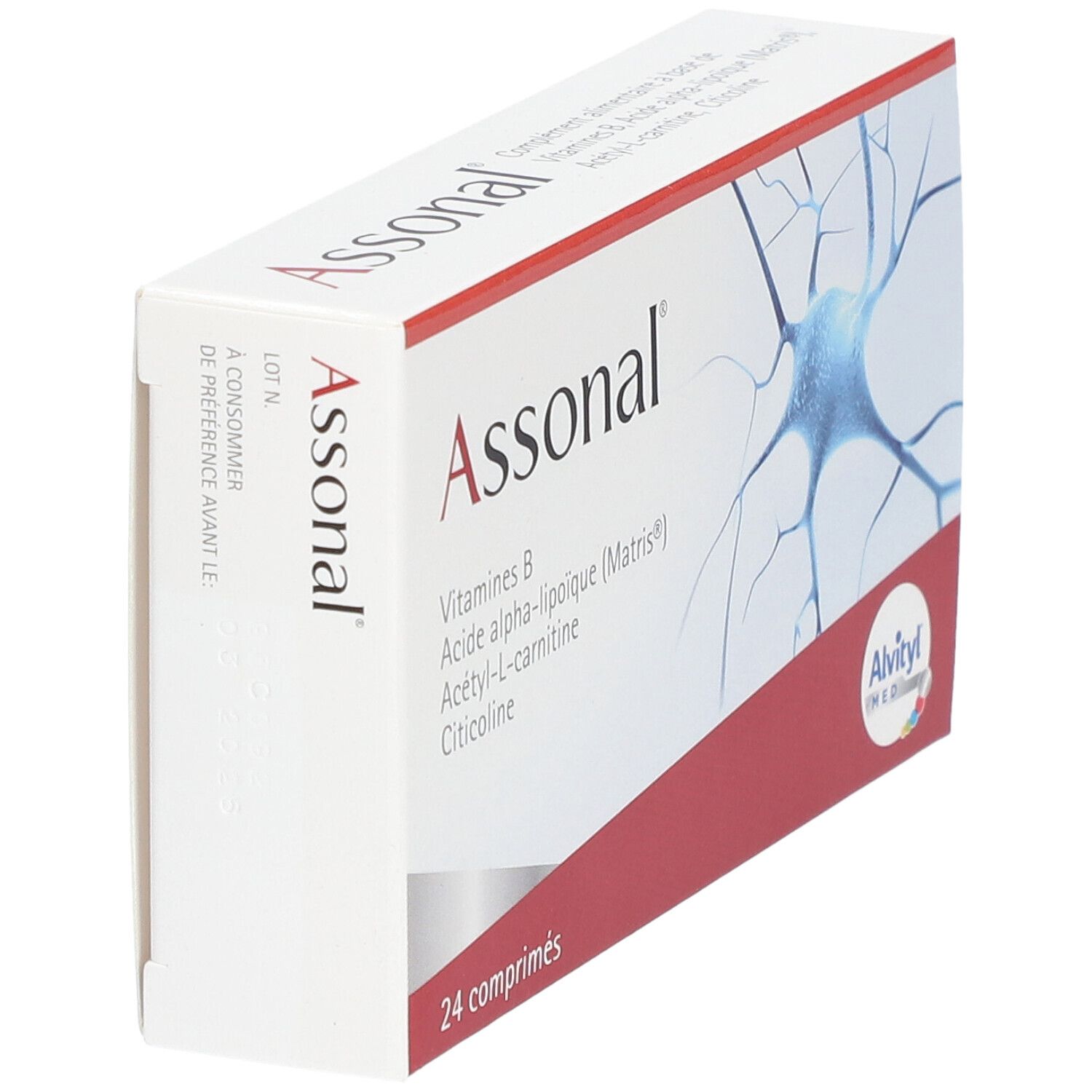 Boîte Assonal en biais. Carton blanc avec bande rouge. Nom du produit et ingrédients visibles.