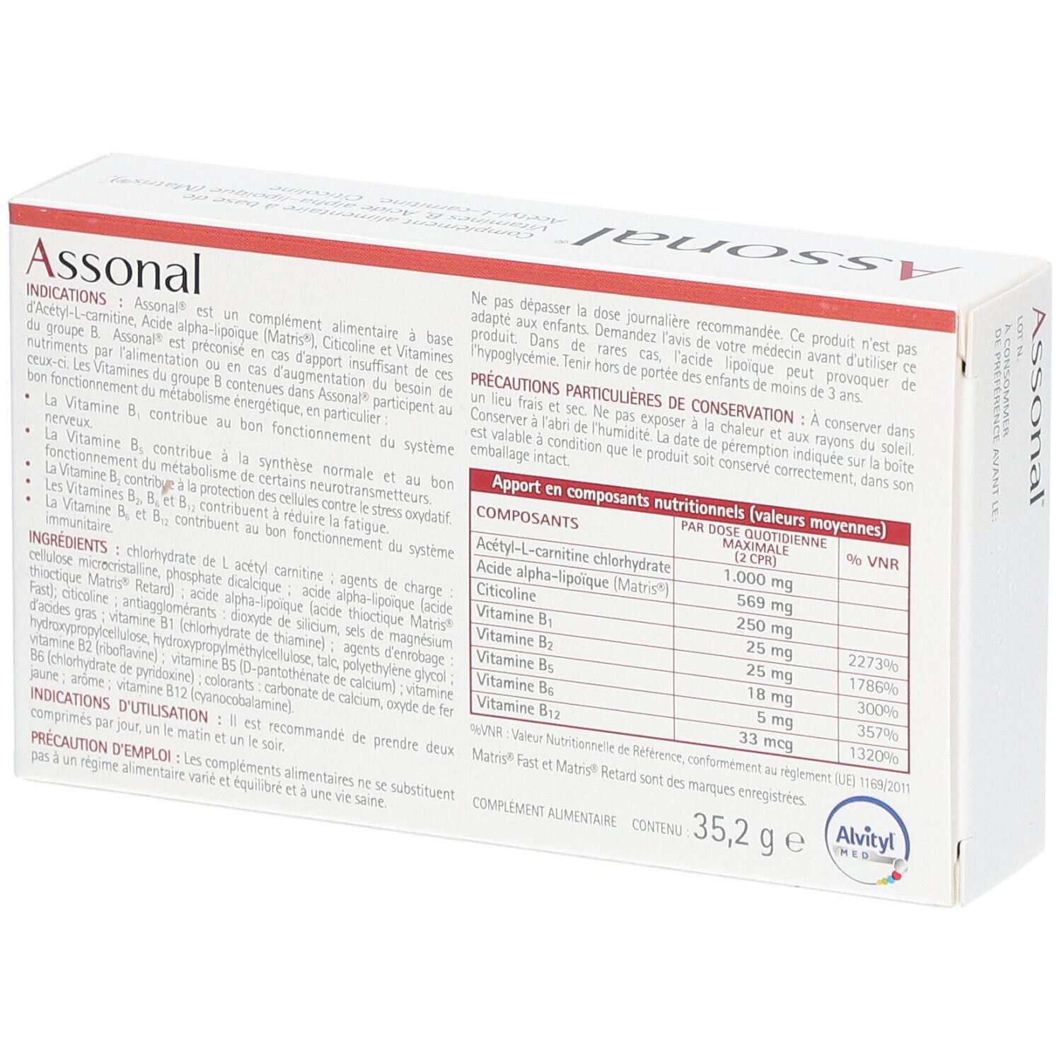 Dos de la boîte Assonal. Contient des informations sur les ingrédients et la valeur nutritionnelle. Carton blanc.