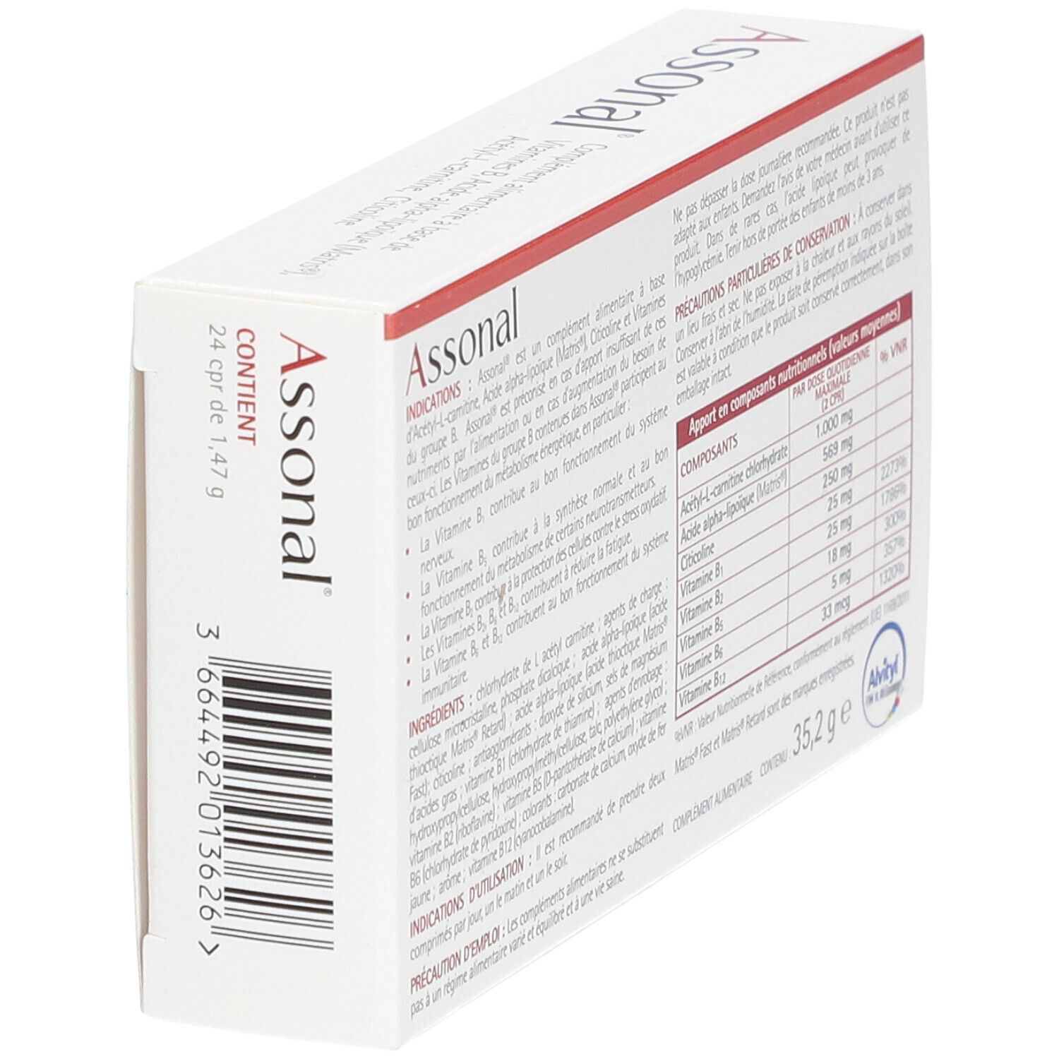 Boîte Assonal en biais. Dos avec ingrédients et valeurs nutritionnelles. Carton blanc avec bande rouge.