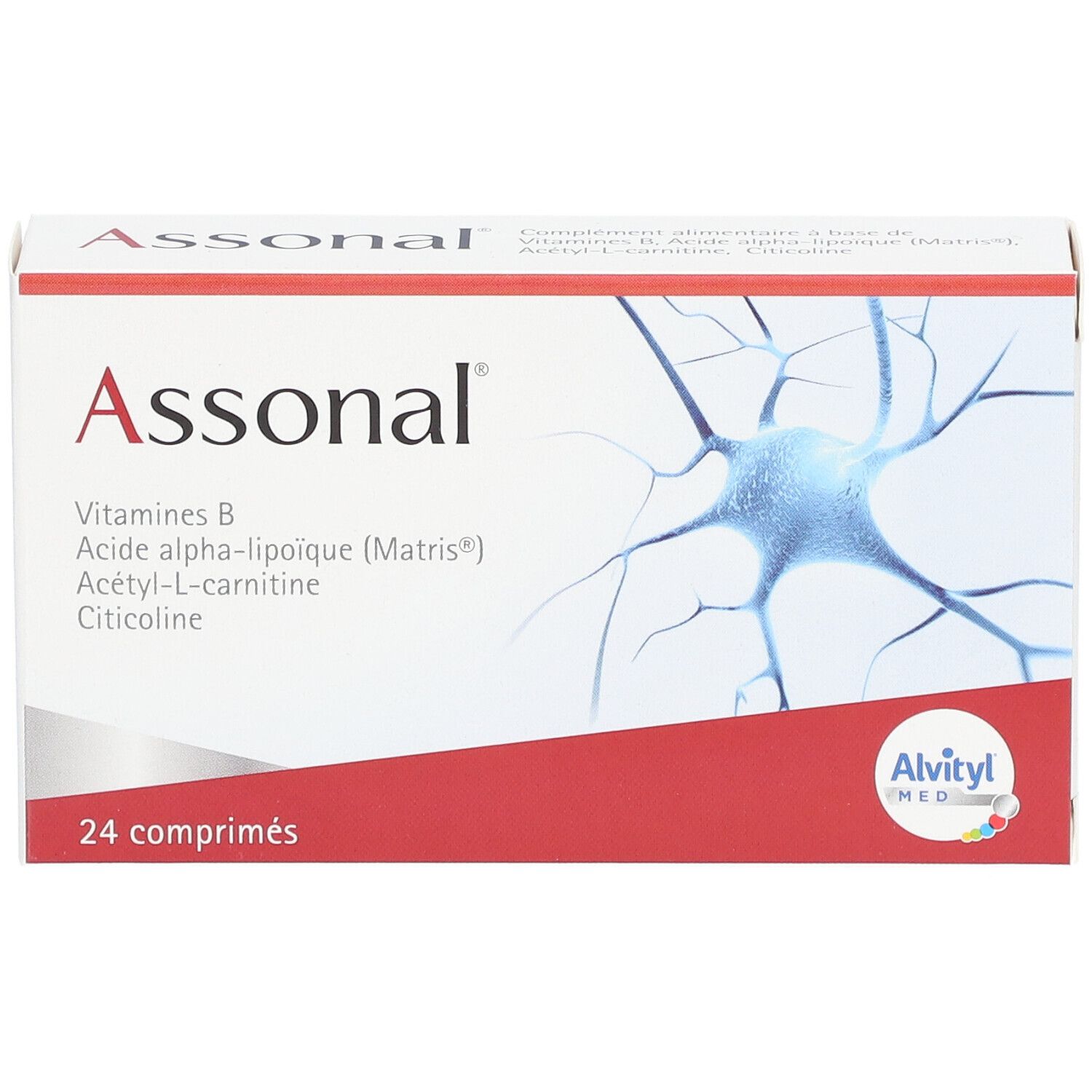 Boîte Assonal. Carton rouge et blanc avec nom et ingrédients. 24 comprimés.