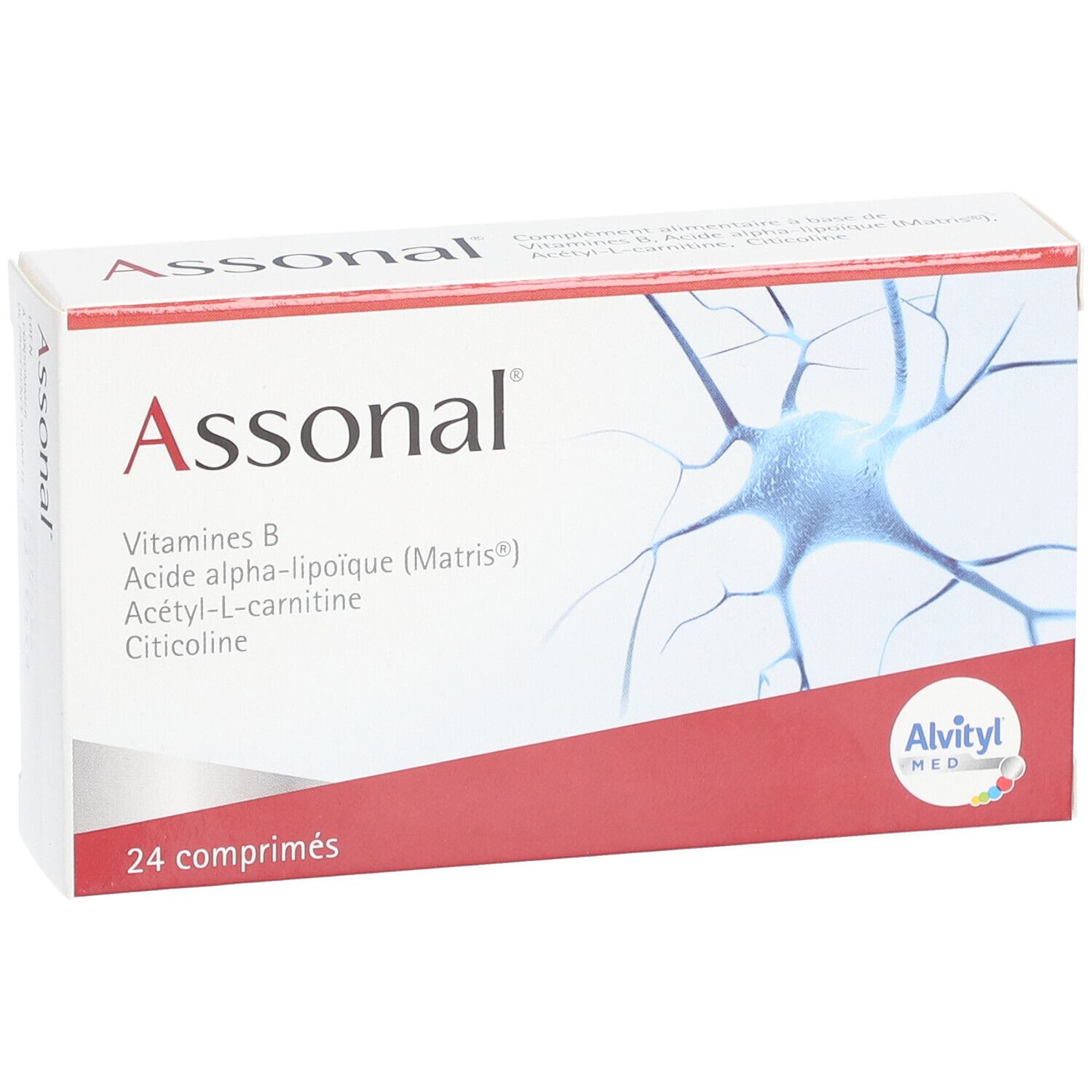 Boîte Assonal. Carton rouge et blanc avec nom et ingrédients. 24 comprimés.
