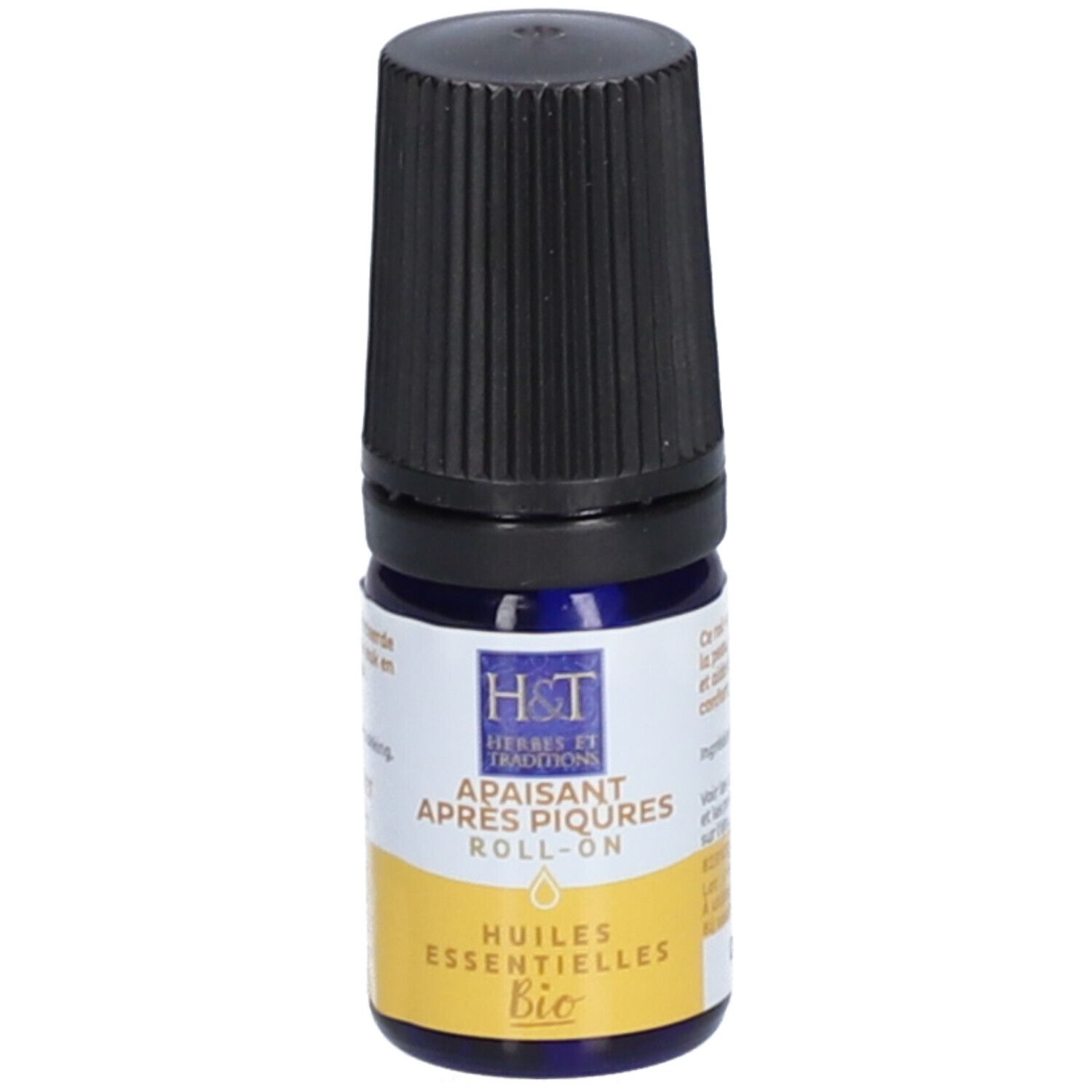 Flacon roll-on bleu avec bouchon noir. Inscription: H&T, Apaisant Après Piqûres, Bio. Étiquette jaune.