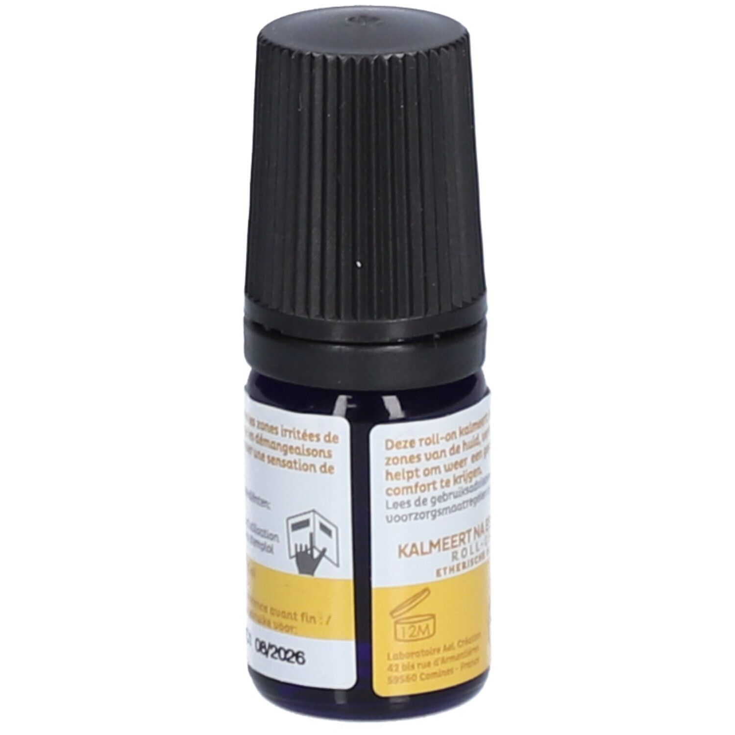 Flacon roll-on avec bouchon noir. Étiquette jaune avec texte. Verso avec texte et pictogrammes.