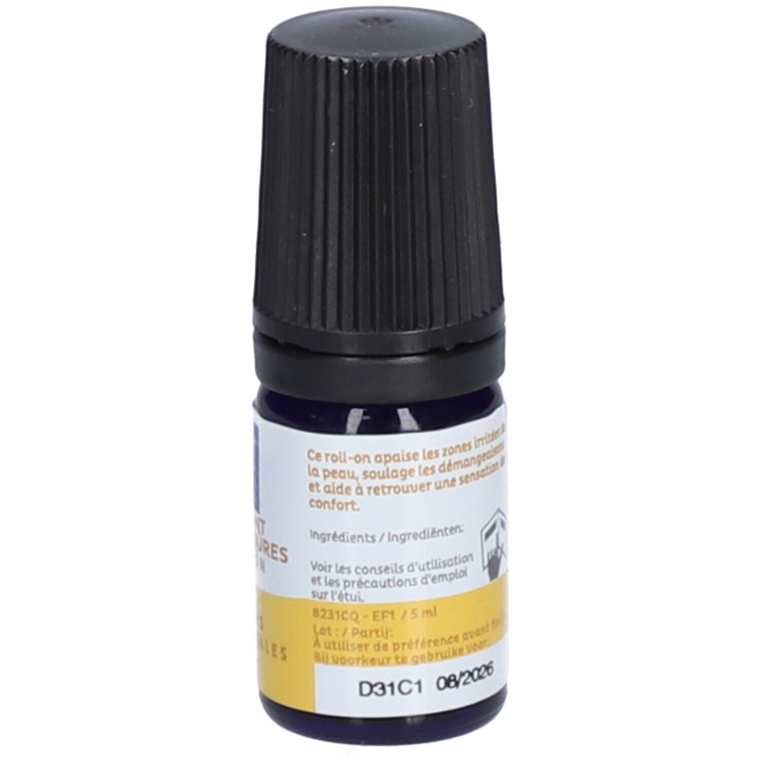 Flacon roll-on avec bouchon noir. Étiquette jaune avec texte. Inscription: H&T, Apaisant Après Piqûres, Bio.