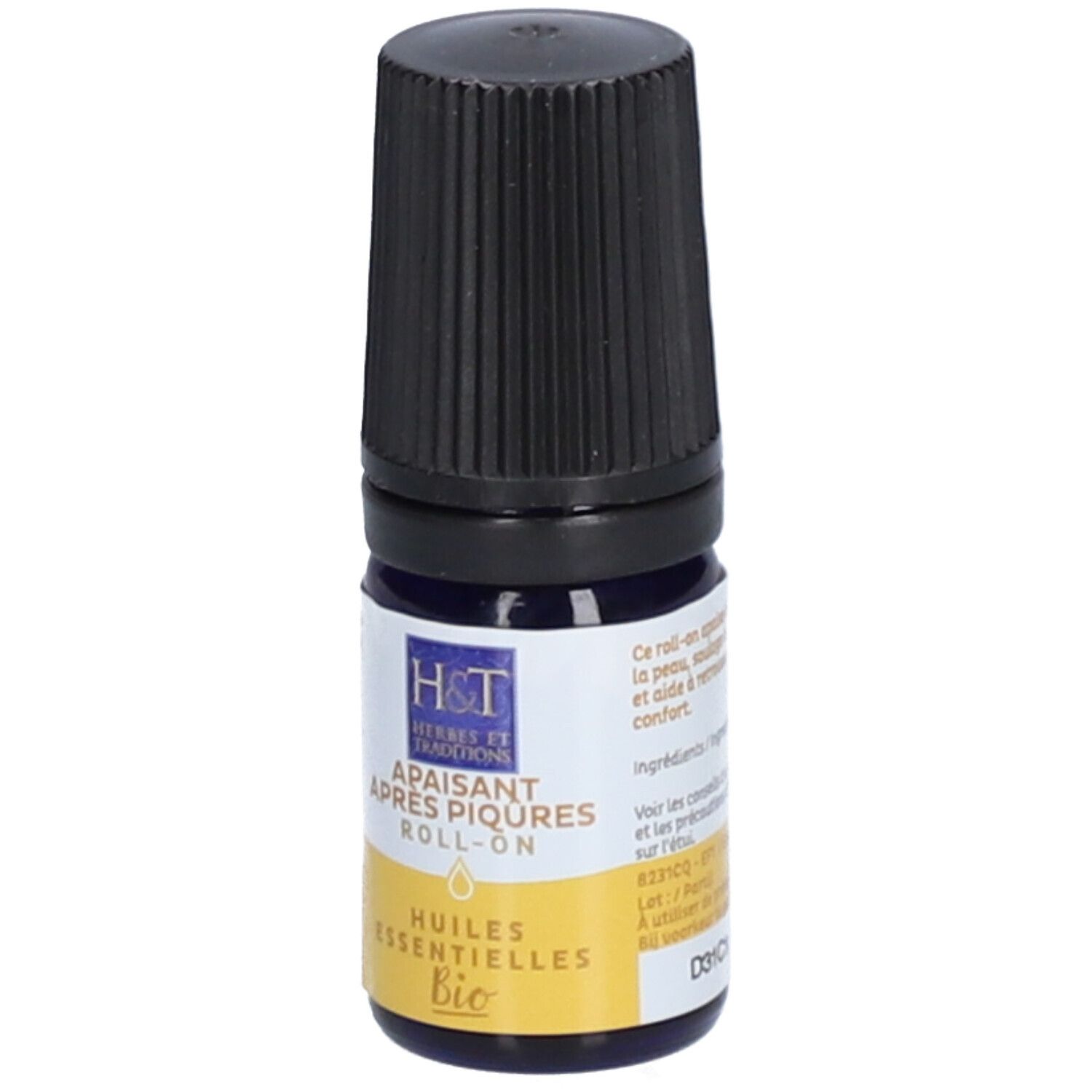 Flacon roll-on bleu avec bouchon noir. Inscription: H&T, Apaisant Après Piqûres, Bio. Étiquette jaune.