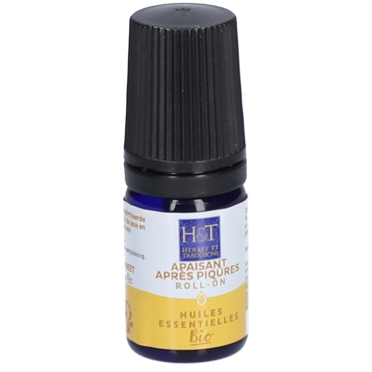 Flacon roll-on bleu avec bouchon noir. Inscription: H&T, Apaisant Après Piqûres, Bio. Étiquette jaune.
