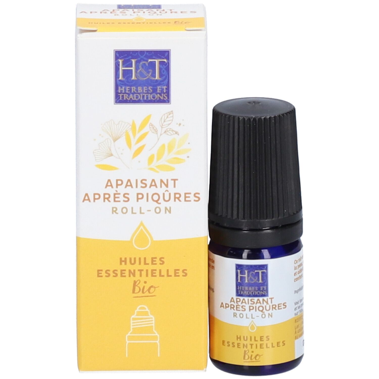 Emballage du produit et flacon roll-on. Emballage avec inscription: H&T, Apaisant Après Piqûres, Bio. Étiquette jaune.