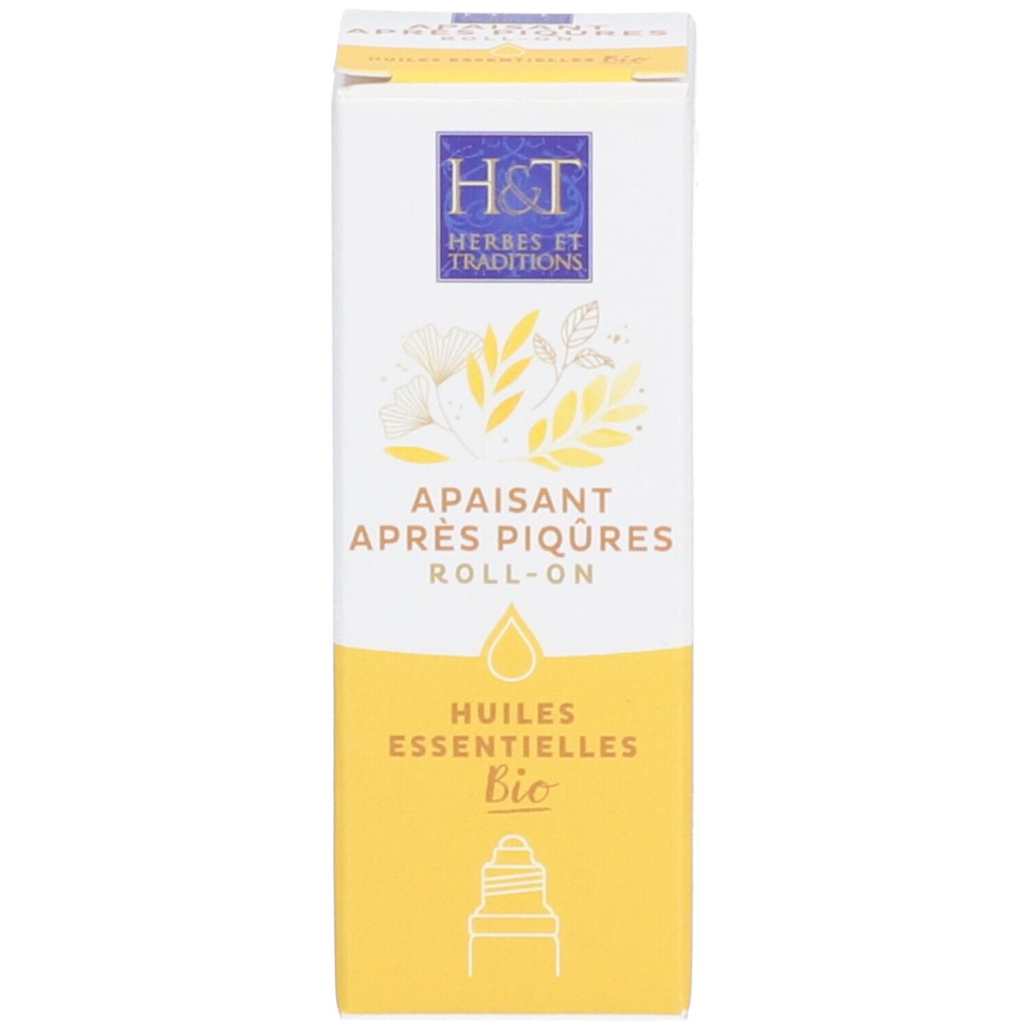 Emballage du produit avec inscription: H&T, Apaisant Après Piqûres, Bio. Étiquette jaune. Illustration d'une plante.